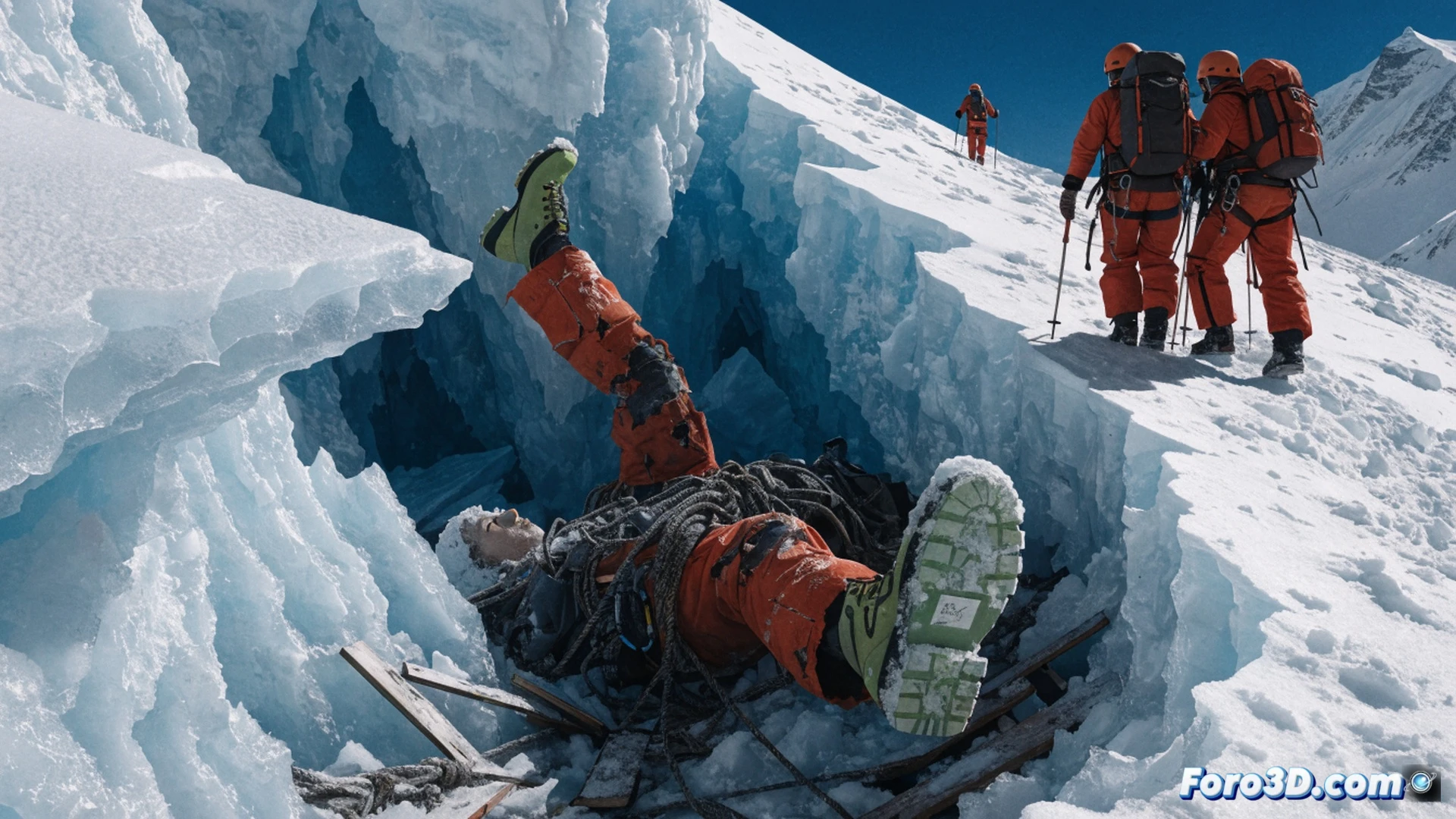 Photorealistic cinematic scene on Everest’s northeast ridge at 8,500 meters, two Sherpa climbers in yellow down suits and oxygen masks using ice axes to pry a frozen corpse from a steep ice slope, the body partially encased in blue-tinted ice, one climber deploying a portable winch with steel cable while the other checks a digital altimeter and GPS device, oxygen tanks and climbing ropes visible on their harnesses, a distant line of climbers ascending single-file past the site, harsh high-altitude sunlight casting long shadows, ice crystals sparkling in the air, dramatic contrast between the bright white snow and dark rock, extreme technical detail in the climbing gear and body recovery equipment, cold blue and white color palette, hyperrealistic texture of frost on fabric and skin