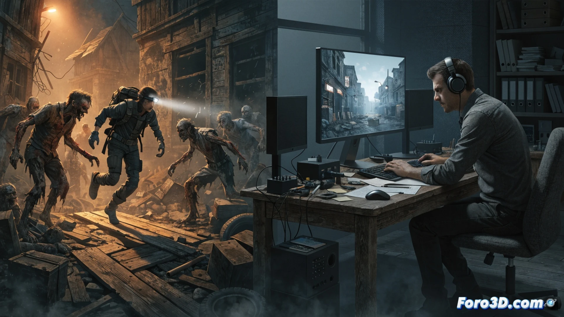wide-angle shot of a zombie apocalypse survivor checking a tablet device while standing on a rooftop at sunset, holographic update notifications floating above the screen showing patch notes and community feedback icons, zombie horde gathering below near a barricaded street, cinematic photorealistic render, detailed urban decay textures, rusted metal barricades, glowing orange sky, dynamic lighting with volumetric rays, motion blur on distant sprinting zombies, subtle particle dust in air, realistic game-engine style visualization