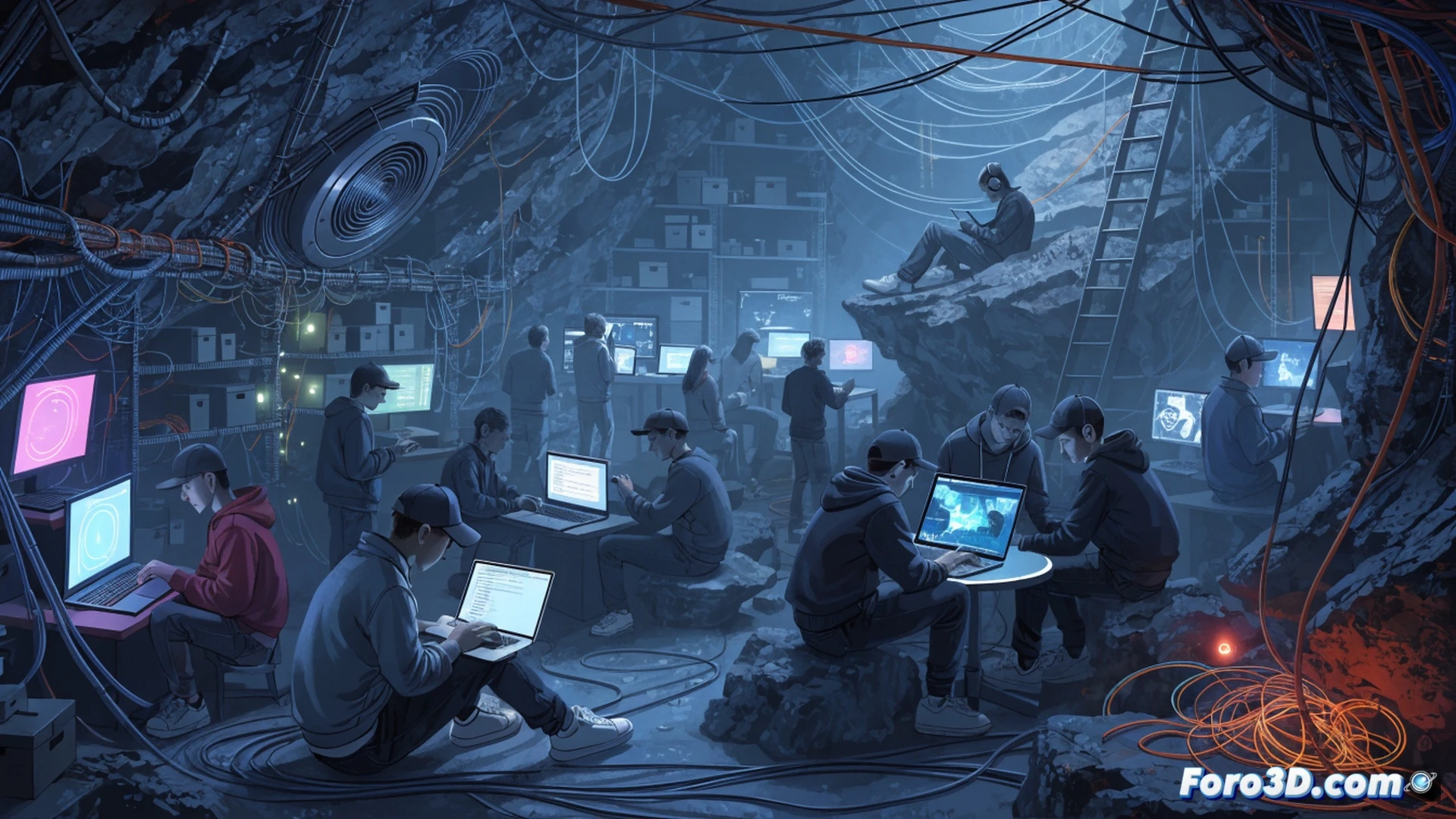 adolescentes agrupados frente a monitores oscuros en un sótano, dedos tecleando en teclados mecánicos retroiluminados, pantallas mostrando servidores privados de Discord y foros sin registro, interfaces de video sin filtros visibles en segundo plano, cables de red serpenteando entre equipos, una adolescente señalando un flujo de datos cifrados en una terminal, estilo cinematic photorealistic, iluminación azul artificial contrastando con sombras profundas, atmósfera clandestina, detalles de hardware como routers modificados y discos duros externos, composición dinámica con movimiento de manos y miradas fijas