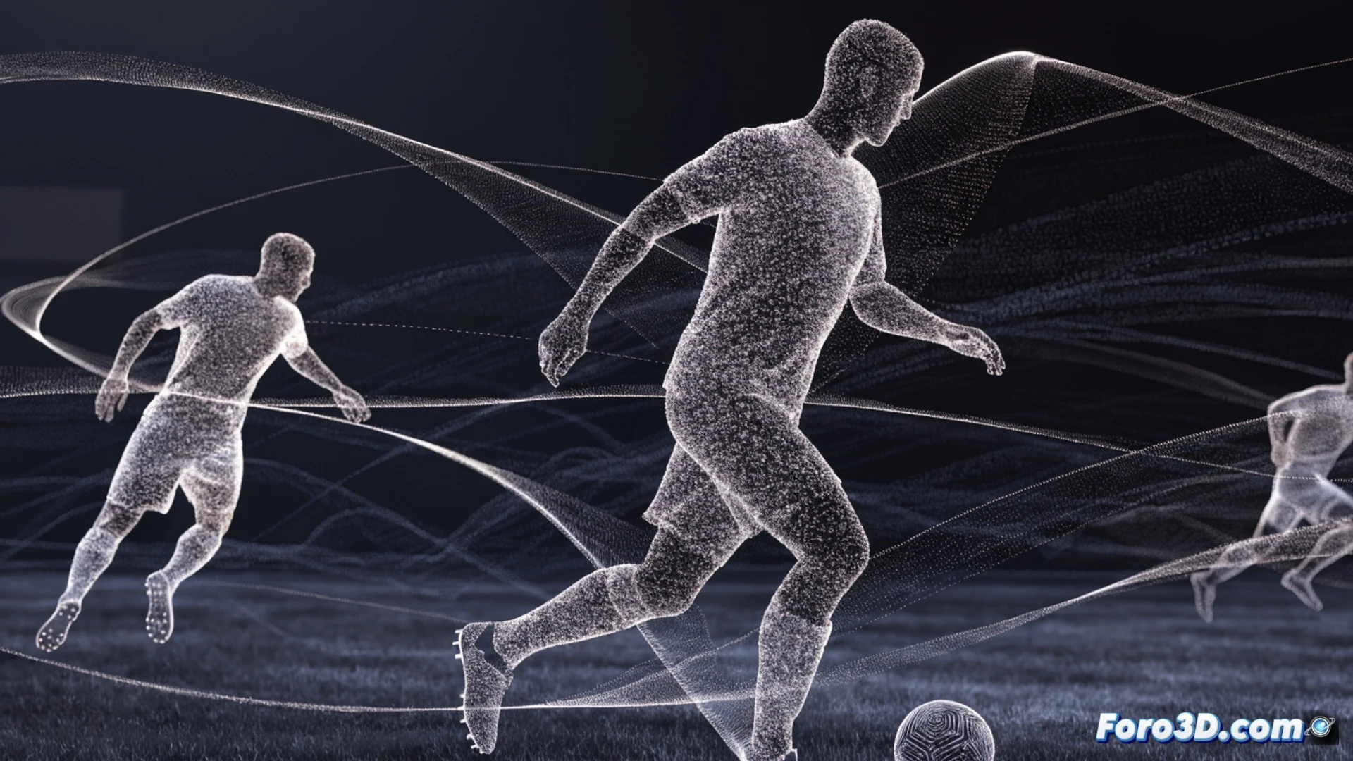 soccer player striking ball during a goal play, semi-transparent particle trails fading behind the player showing previous movement ghost, 3D tactical render on a digital green field, wireframe grid lines on the ground, tablet device displaying the same particle trajectory analysis, glowing blue and orange particle streams outlining the ball path and player body motion, cinematic engineering visualization, soft volumetric lighting, technical illustration style with clean edges, high contrast between solid player and fading spectral particles, photorealistic digital render