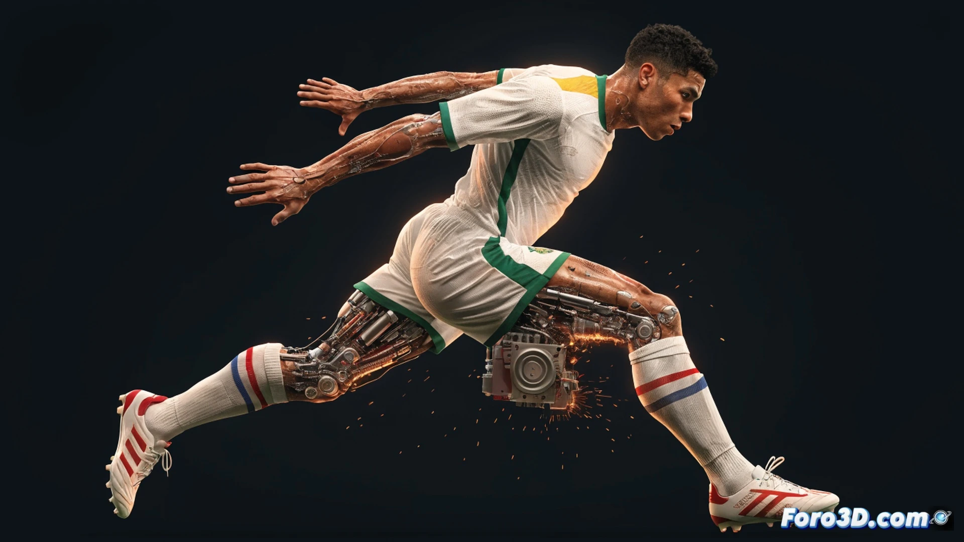 biomechanical 3D scan of Ronaldo Nazario sprinting, low center of gravity with massive quadriceps muscles contracting, glowing blue skeletal overlay showing femur rotation and knee torque, red force vectors tracing explosive acceleration from turf, green wireframe muscles deforming during a sudden change of direction, football at foot edge with blade-like studs digging into grass, cinematic engineering visualization, dark stadium background with dramatic rim lighting, photorealistic human anatomy render, muscle fiber striations visible, motion blur on trailing leg, technical illustration style