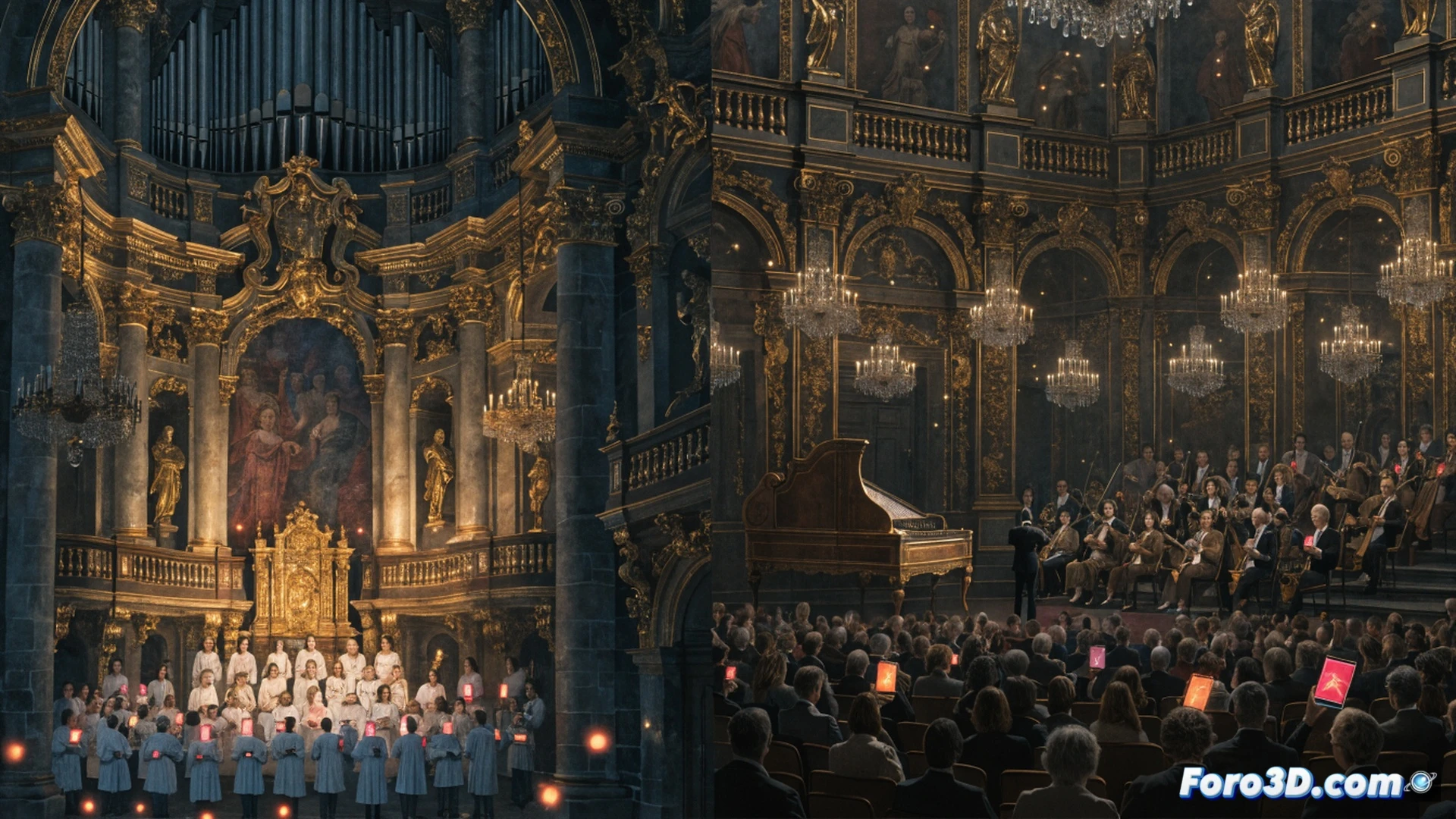 Baroque concert hall with audience members holding glowing digital voting tablets, a large screen displaying a pie chart of cantata selections updating in real time, musicians on stage tuning instruments while sheet music remains covered, dramatic spotlight on empty conductor podium, cinematic photorealistic style, warm amber stage lights contrasting with cool blue tablet screens, audience hands actively tapping devices, blurred motion of votes being cast, ultra-detailed wood textures and baroque ornaments, technical illustration with interactive digital elements