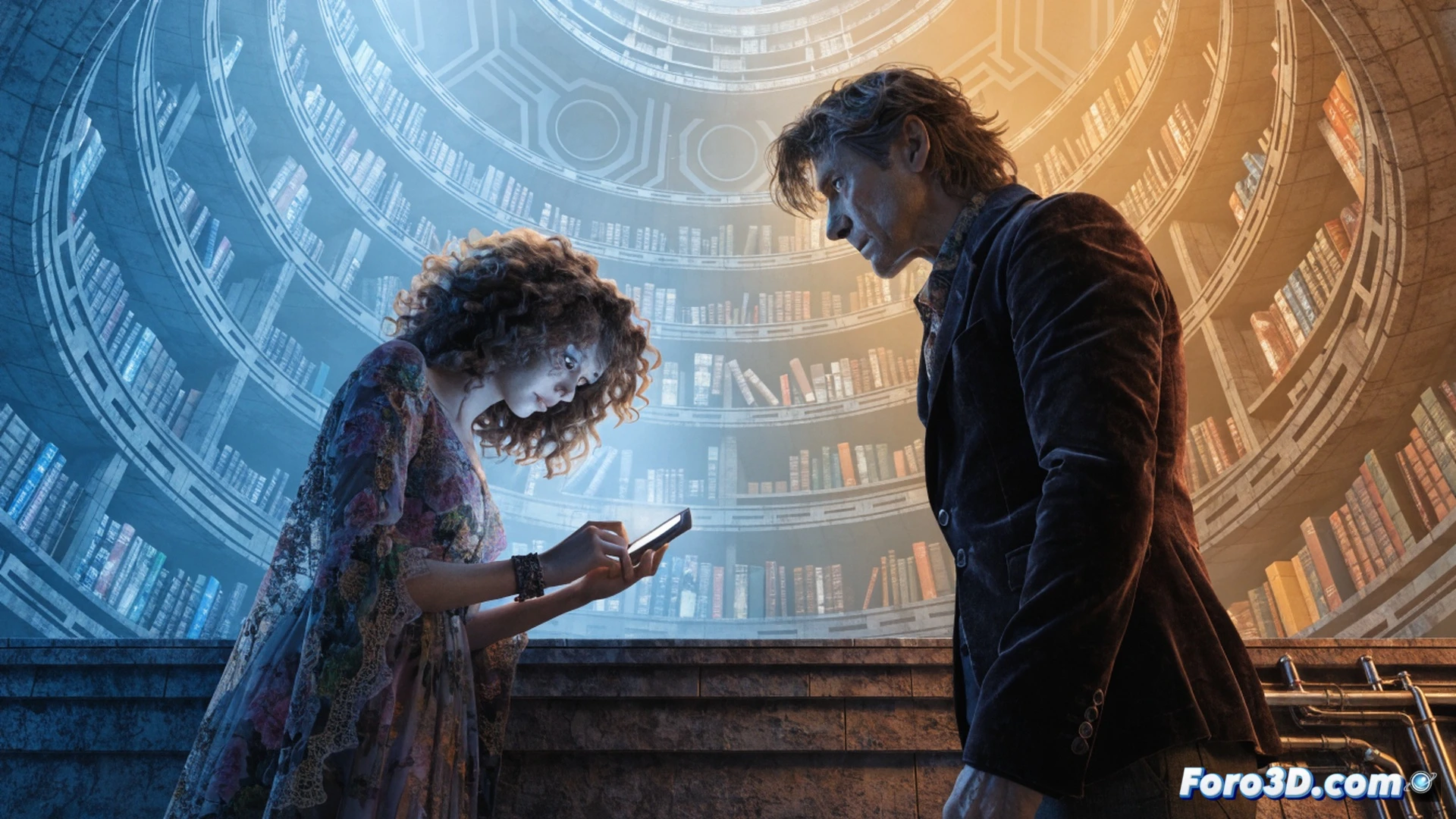 Doctor Who console room interior, Twelfth Doctor standing at TARDIS controls, River Song receiving a holographic message while turning away, her silhouette framed against glowing time rotor, Doctor watching with pained expression, hands resting on console levers, blue-green light casting dramatic shadows, temporal energy particles swirling around them, cinematic photorealistic style, emotional tension visible in body language, time vortex visible through console room windows, steam rising from damaged circuits, high-contrast lighting, intricate Gallifreyan symbols on console surface, bittersweet farewell atmosphere