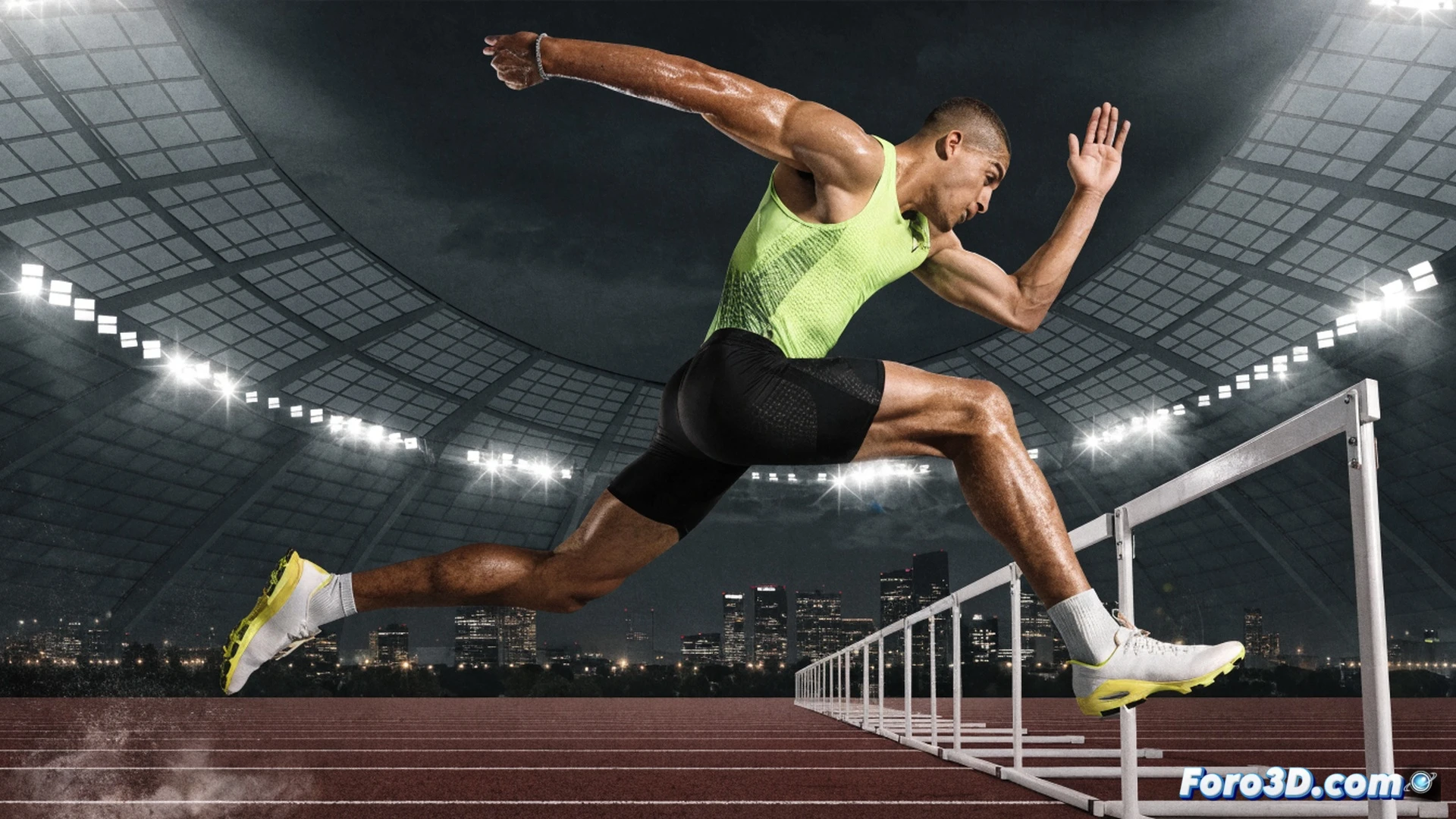 Athlete mid-stride clearing a 400m hurdles barrier, powerful leg extended forward, trailing leg snapping over, track surface under bright stadium lights, timing display showing 48.11 seconds in background, motion blur on arms and torso, sweat droplets frozen in air, technical athletic biomechanics visualization, dramatic low-angle perspective, photorealistic cinematic sports render, dynamic muscle tension visible, realistic synthetic track texture, dramatic golden hour lighting