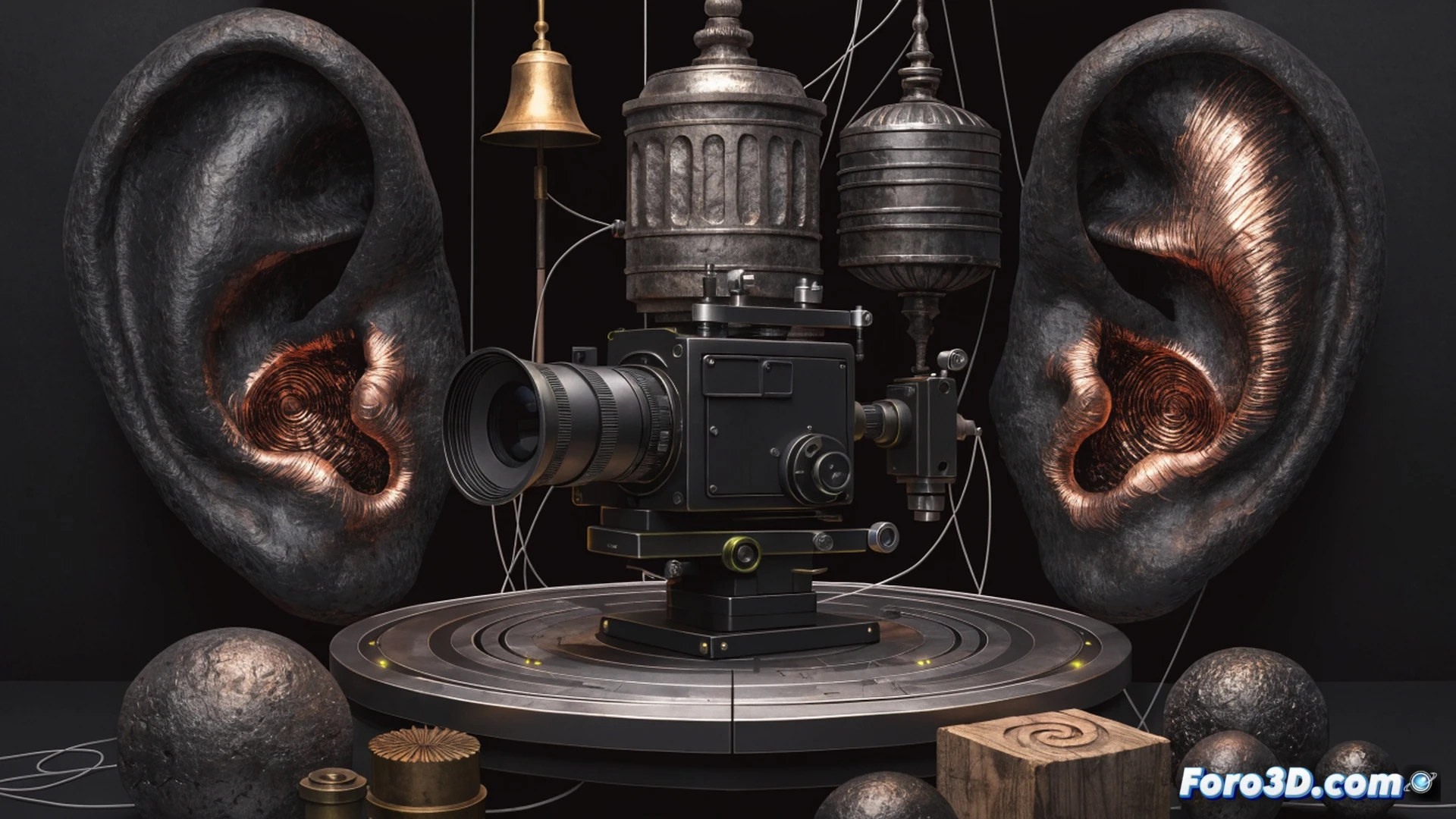 sound designer hands manipulating vintage foley props on a wooden table, crushing a coconut shell with a mallet to create bone-breaking effects, while a digital audio workstation screen shows waveform editing in the background, analog microphone capturing the impact, studio monitor speakers on stands, cables and mixing console visible, warm tungsten lighting contrasting with cool blue screen glow, photorealistic technical illustration, shallow depth of field focusing on the hands and coconut debris mid-action, dust particles suspended in light beam
