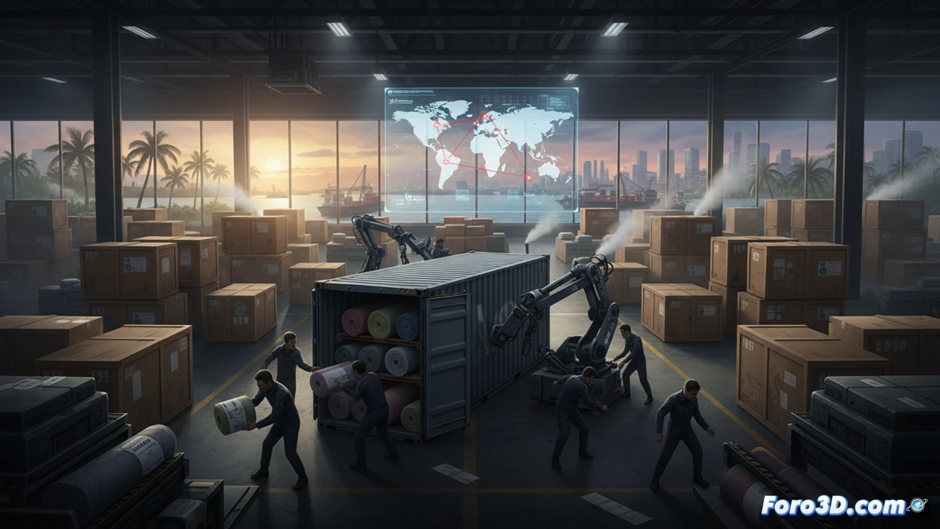 Aerial view of a massive logistics hub, shipping containers stacked high in a triangular formation around a central warehouse, customs officers inspecting a container with mismatched labels while a digital screen shows false origin data, forklifts moving pallets between zones, glowing red arrows tracing the fraudulent route from factory to port, cinematic industrial visualization, photorealistic lighting, hyper-detailed cargo ships and cranes in the background, shadowy figures monitoring operations from a glass office, dramatic contrast between legal warehouse facades and hidden illegal transshipment activity, technical illustration style