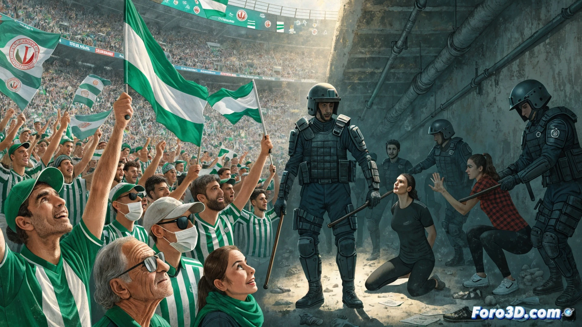 Estadio de fútbol vacío con reflectores apagados, en primer plano una consola de transmisión en vivo con cables desconectados y pantallas mostrando estática, mientras detrás una sombra de figura femenina encapuchada sostiene un megáfono roto frente a una valla metálica, en el suelo papeles arrugados con diagramas tácticos de juego, al fondo muros con grafitis borrados, iluminación fría de atardecer nublado, estilo cinematográfico documental, texturas rugosas de hormigón y metal oxidado, alto contraste entre luces y sombras, composición asimétrica con líneas de fuga hacia el horizonte vacío, photorealistic technical render con desaturación selectiva de colores.