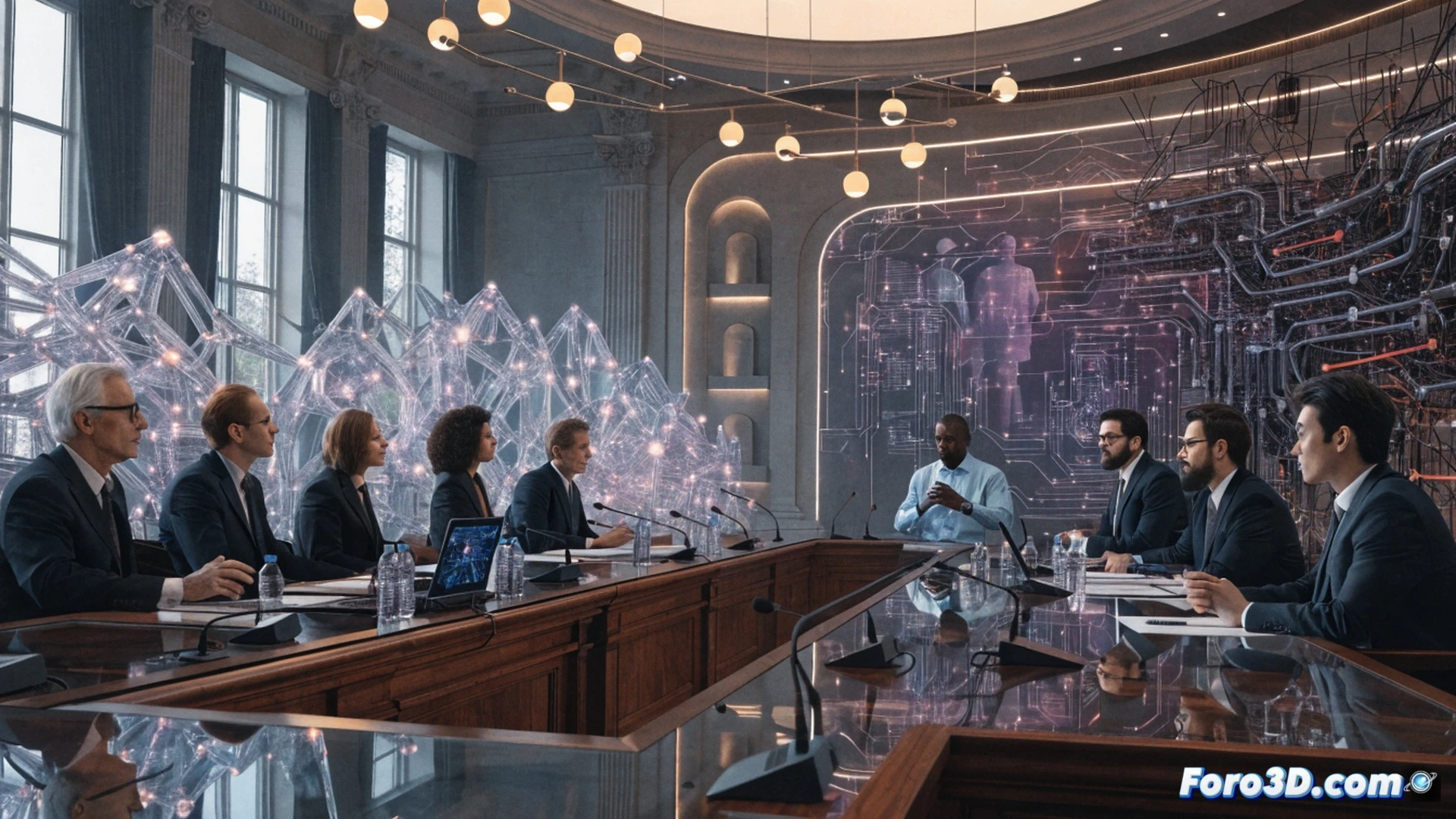 G7 summit stage transformed into a high-tech boardroom, seven empty chairs with national flags in background, three AI executives standing at a central podium, holographic neural network interfaces glowing above a glass table, showing interconnected data streams and algorithmic code, corporate logos of OpenAI, Anthropic, and Google subtly embedded in the hologram, world leaders seated in shadows watching, dramatic spotlight on the tech leaders, cinematic photorealistic render, ultra-detailed reflections on polished floor, cool blue and gold lighting, tension visible through body language, technical illustration style