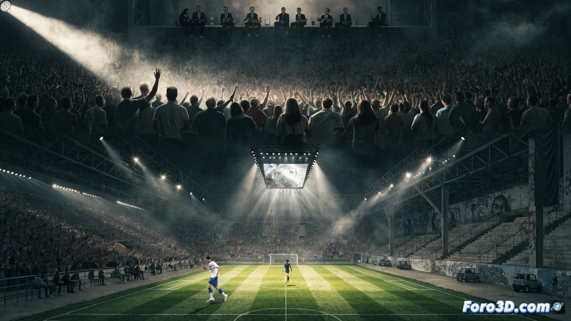 Estadio de fútbol modesto con gradas vacías, un cartel digital de cuotas congeladas sobre fondo azul corporativo, aficionados entregando carnés de socio en ventanilla de renovación, presidente sosteniendo documento de asamblea del 30 de junio, foco de luz iluminando el mostrador, estilo cinematográfico fotorealista, textura de césped natural, banderas colgadas sin viento, atmósfera de espera y fidelidad, detalles de torniquetes metálicos y barras de acero inoxidable, iluminación tenue de atardecer, sombras alargadas, profundidad de campo suave, render técnico deportivo.