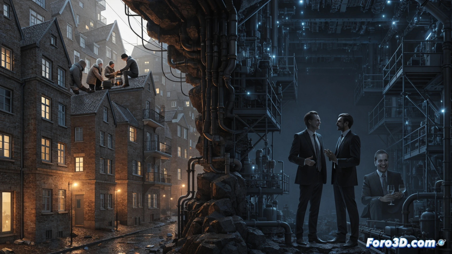 photorealistic technical illustration of a gas meter being crushed by a massive corporate hand, glowing euro symbol leaking from broken pipes while a JERA logo glows in the dark background, cracked display showing rising numbers, pipeline valves twisting under pressure, dramatic low-angle shot, cold blue industrial lighting contrasting with warm orange gas leaks, metallic surfaces reflecting distorted family silhouettes, hyper-detailed engineering visualization, cinematic volumetric shadows, high-contrast dystopian atmosphere