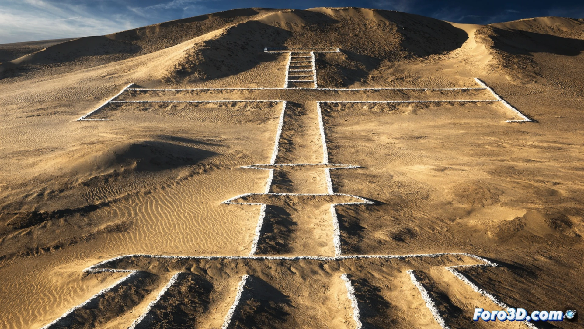 gigantic candelabro geoglyph carved into a steep sand dune on the Paracas peninsula, measuring 180 meters long, midday sun casting harsh shadows across the etched lines, a team of archaeologists in khaki clothing using ground-penetrating radar devices and digital tablets while surveying the base of the figure, wind sweeping fine sand particles across the grooves, dramatic aerial perspective showing the coastline and ocean in the background, cinematic photorealistic style, ultra-detailed sand texture, golden hour lighting, technical illustration with clear geological strata visible at the dune edge