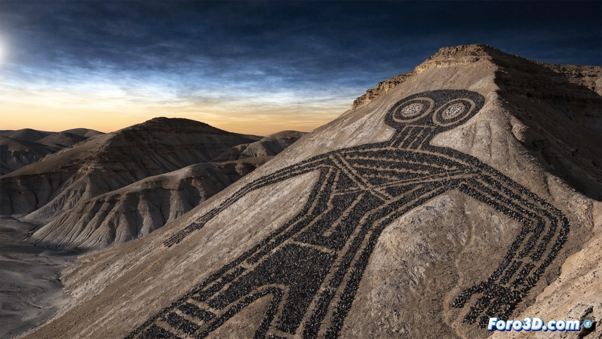 Aerial view of a giant anthropomorphic geoglyph stretching across the Atacama desert floor, measuring 86 meters in length, a lone archaeologist in hiking gear stands near the figure s head using a laser rangefinder and tablet showing star alignment data, sunrise casting long shadows over the etched lines, distant telescopes and survey tripods set up on the arid terrain, cinematic photorealistic visualization, warm golden light contrasting with dark volcanic rock, dust particles floating in the air, ultra-detailed ground texture showing ancient scraping marks, dramatic wide-angle perspective emphasizing scale