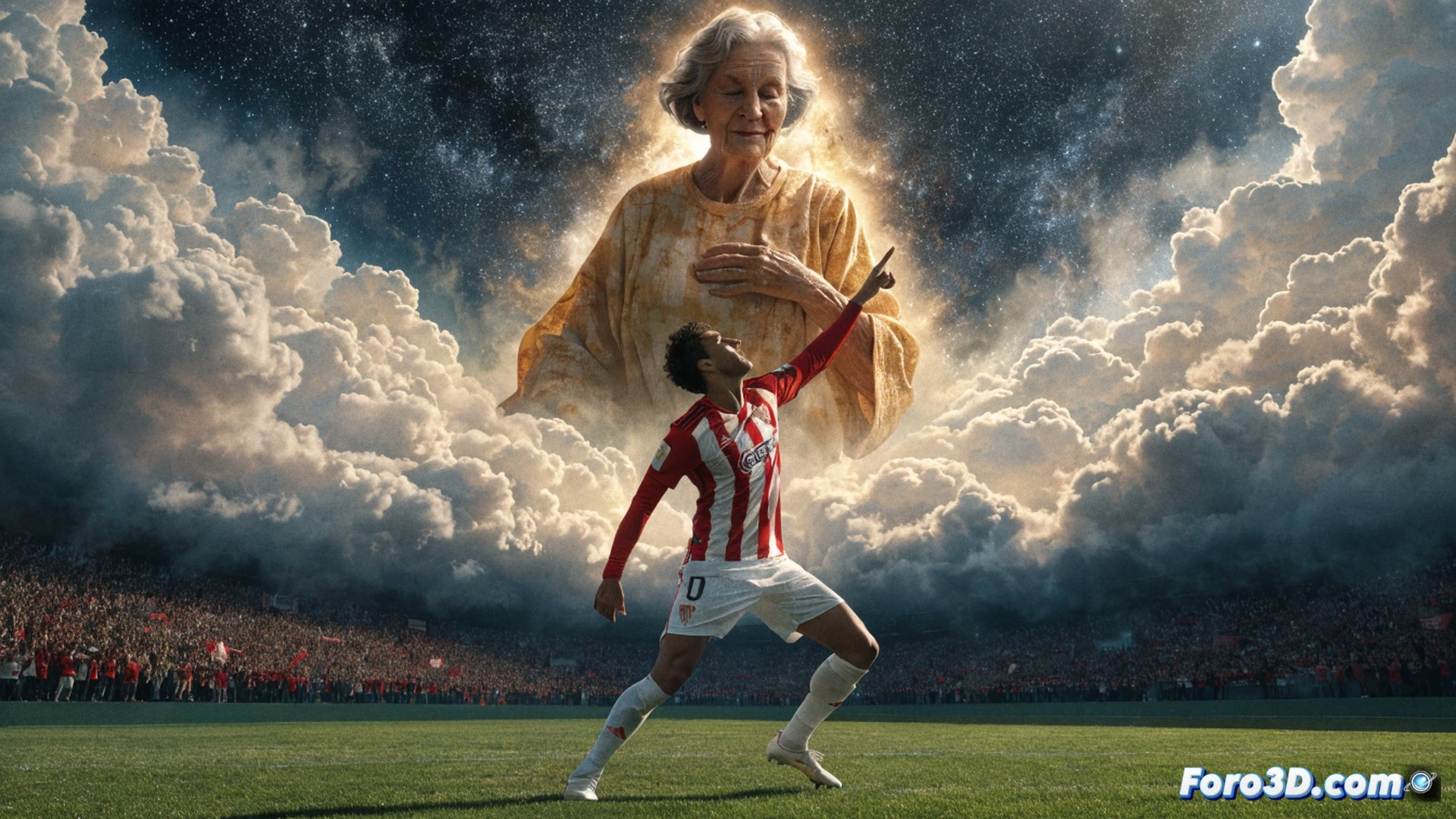 Álex Baena celebrando un gol en un estadio nocturno, balón entrando en la red, futbolista señalando al cielo con ambas manos, sonrisa en su rostro, luz de reflectores creando un haz vertical desde el césped hacia arriba, brazos extendidos en acción de dedicatoria, público de fondo con bengalas encendidas, lágrimas visibles en sus mejillas, hierba mojada con gotas de lluvia, cámara lenta capturando el instante, estilo cinematográfico realista, iluminación dramática con contraste cálido-frío, photorealistic render, emoción pura en el gesto deportivo.