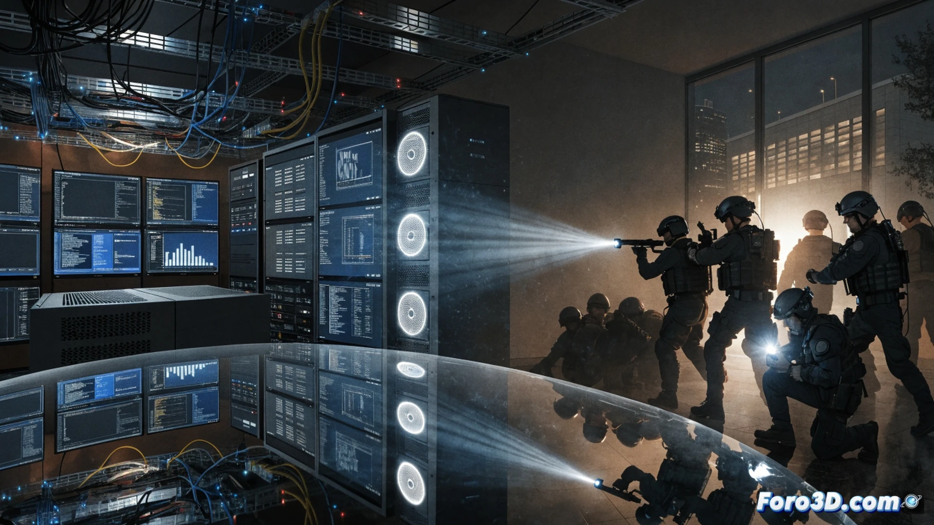 Ciberseguridad operativa durante confiscación de servidores en centro de datos, agentes federales manipulando paneles de fibra óptica y discos duros en rack de almacenamiento, pantallas mostrando flujo de datos cifrados siendo interrumpido, luces rojas de estado parpadeando, cables desconectados colgando, hardware de red con disipadores térmicos, proceso de desmantelamiento forense digital, estilo cinematográfico técnico, iluminación dramática azul y roja, reflejos metálicos en chasis, alta definición fotorealista