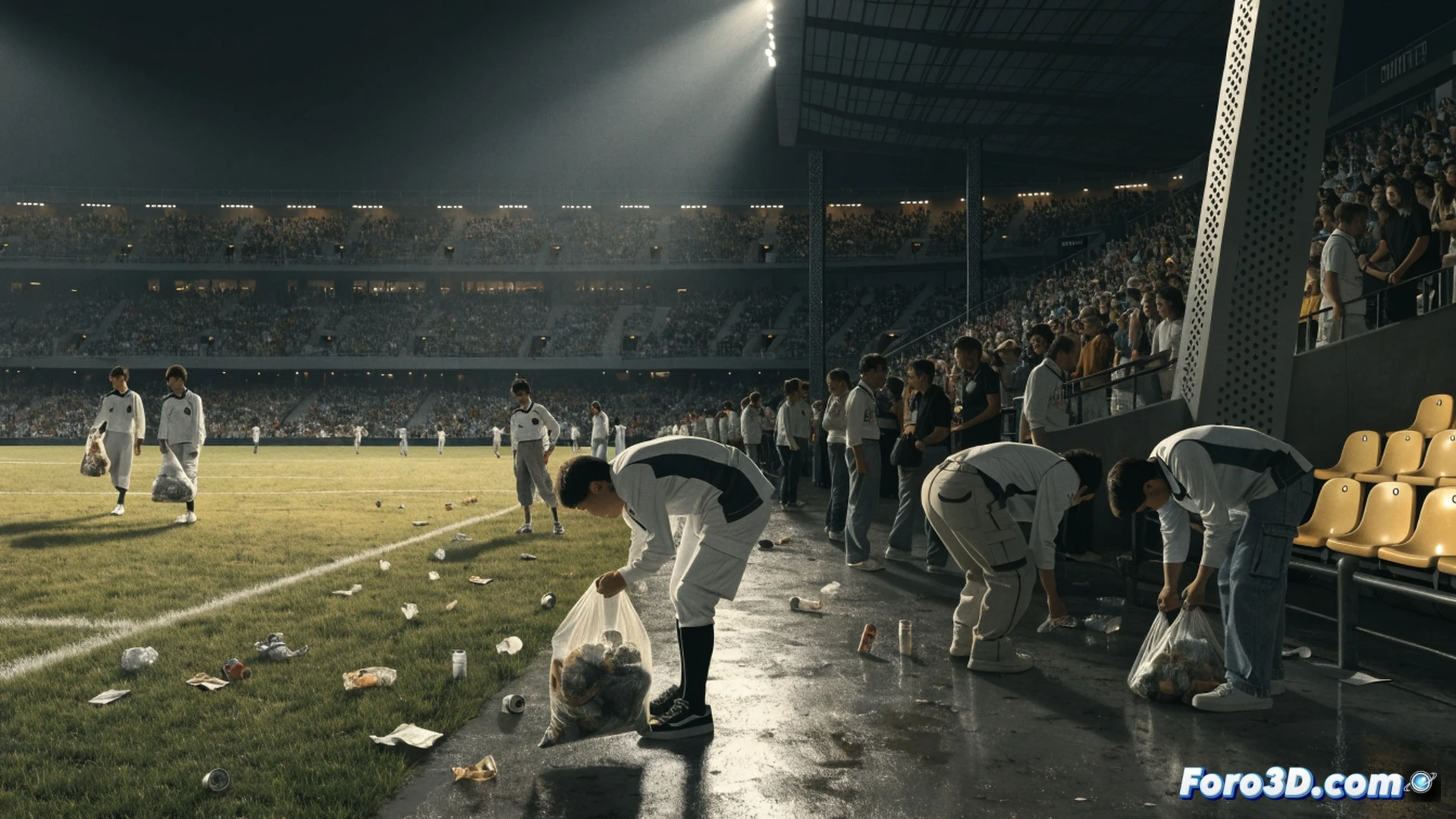Japanese fans in blue jerseys bending down in stadium rows during post-match cleanup, hands collecting plastic bottles and crumpled paper from concrete steps, empty seats surrounding them, stadium lights illuminating scattered confetti and food wrappers, others carrying transparent trash bags filled with recyclables, cinematic wide-angle shot, photorealistic architectural interior, warm golden hour light through roof openings, blurred motion of cleaning hands, polished floor reflecting stadium structure, technical documentation style, high-contrast shadows, ultra-detailed crowd texture