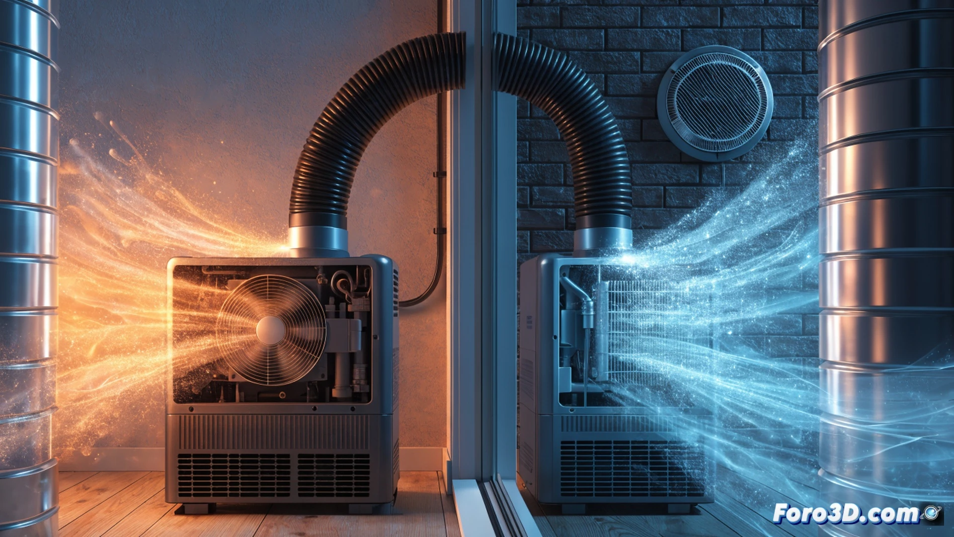 air conditioner portable unit with single hose, cutaway cross-section showing hot outdoor air being sucked into room through window gaps, creating negative pressure, cold air mixing with incoming heat, compressor working at maximum capacity, glowing red heat waves entering through cracks, blue cold air struggling to maintain zone, technical engineering visualization, photorealistic render, dramatic lighting contrasting hot and cold airflows, detailed HVAC components, motion lines showing air circulation paths, industrial dark background, ultra-realistic plastic and metal textures