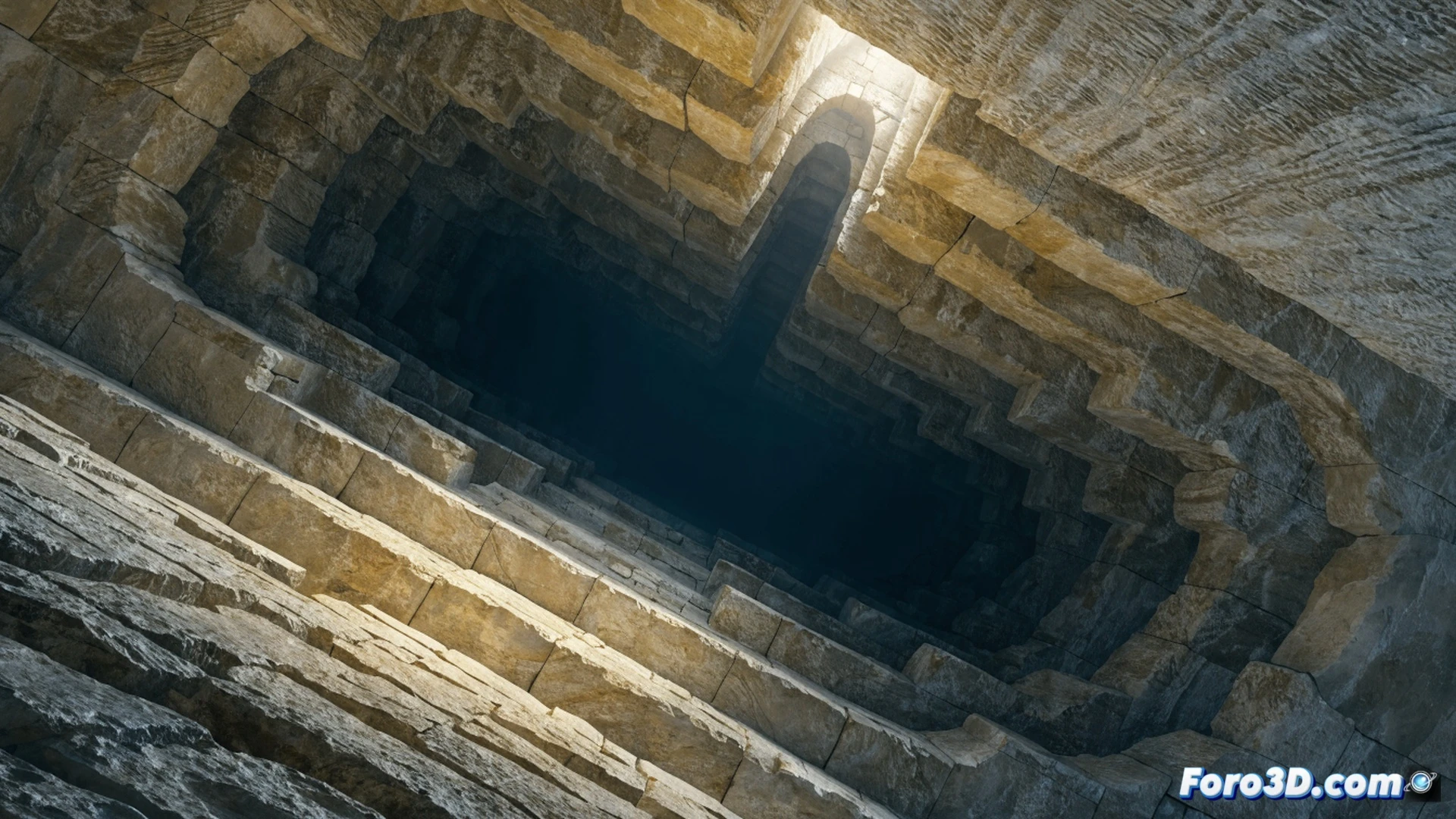 muon detection array inside the Great Pyramid of Giza, scientists positioning scintillator panels near the Grand Gallery, cosmic ray trajectories piercing through limestone blocks, 30-meter void glowing in cross-section above the gallery, particle tracks visualized as faint blue lines through stone, portable computing station with real-time 3D tomography display, red laser scanning equipment mounted on tripods, dust particles floating in dim torchlight, stone walls with chisel marks and ancient mortar, dramatic chiaroscuro lighting from headlamps, cinematic photorealistic technical illustration, ultra-detailed stone texture, scientific equipment with cable management, shadowed corridor perspective
