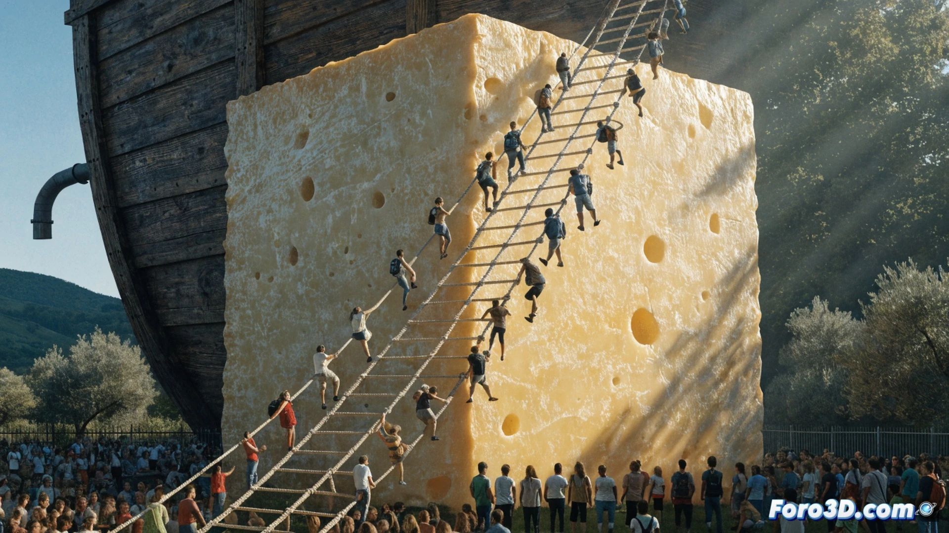 sun-drenched Spanish village plaza transformed into game set, contestants gripping a vertical greased pole cucaña reaching toward a red flag at the top, a giant wheel of cheese being rolled by two technicians into position for the next challenge, multiple camera rigs on robotic arms capturing the action, stage lighting rigs with colored gels suspended overhead, a central scoreboard displaying round timers, crowd of families cheering from bleachers, technical crew in headsets monitoring control panels with waveform displays, cinematic wide shot with dramatic golden hour lighting, photorealistic engineering visualization, motion blur on the cucaña climbers hands slipping, ultra-detailed textures on the cheese surface and wooden pole