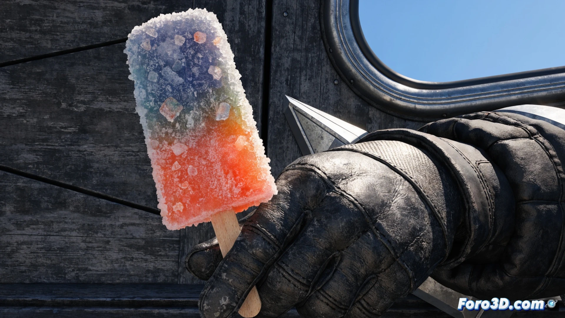 japanese summer festival scene at dusk, a hand holding a Garigari-kun popsicle with visible icy texture and blue salt flavor, bits of crushed ice falling during a bite, a smartphone on a picnic blanket displaying a technical diagram of Final Fantasy 7 Rebirth's game menu showing the ice cream item, beside an open laptop with 3D modeling software and a wireframe of the popsicle, red and white striped festival lanterns glowing overhead, photorealistic cinematic render, shallow depth of field, warm golden hour light reflecting off the popsicle's crystalline surface, nostalgic summer atmosphere, ultra-detailed food texture