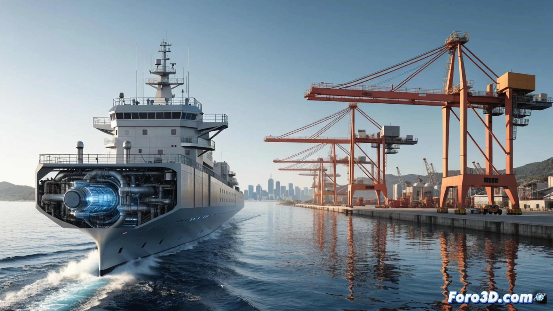Large cargo ship engine room, hydrogen fuel cell system being installed next to a rusted diesel engine, workers in blue overalls connecting high-pressure hydrogen tanks to a fuel manifold, port infrastructure visible through a porthole showing outdated cranes and empty hydrogen refueling stations, technical engineering visualization, metallic pipes and valves, exposed wiring, warning labels on hydrogen storage, dramatic industrial lighting from overhead lamps, shadows on greasy floor, photorealistic technical render, contrasting old and new propulsion technology