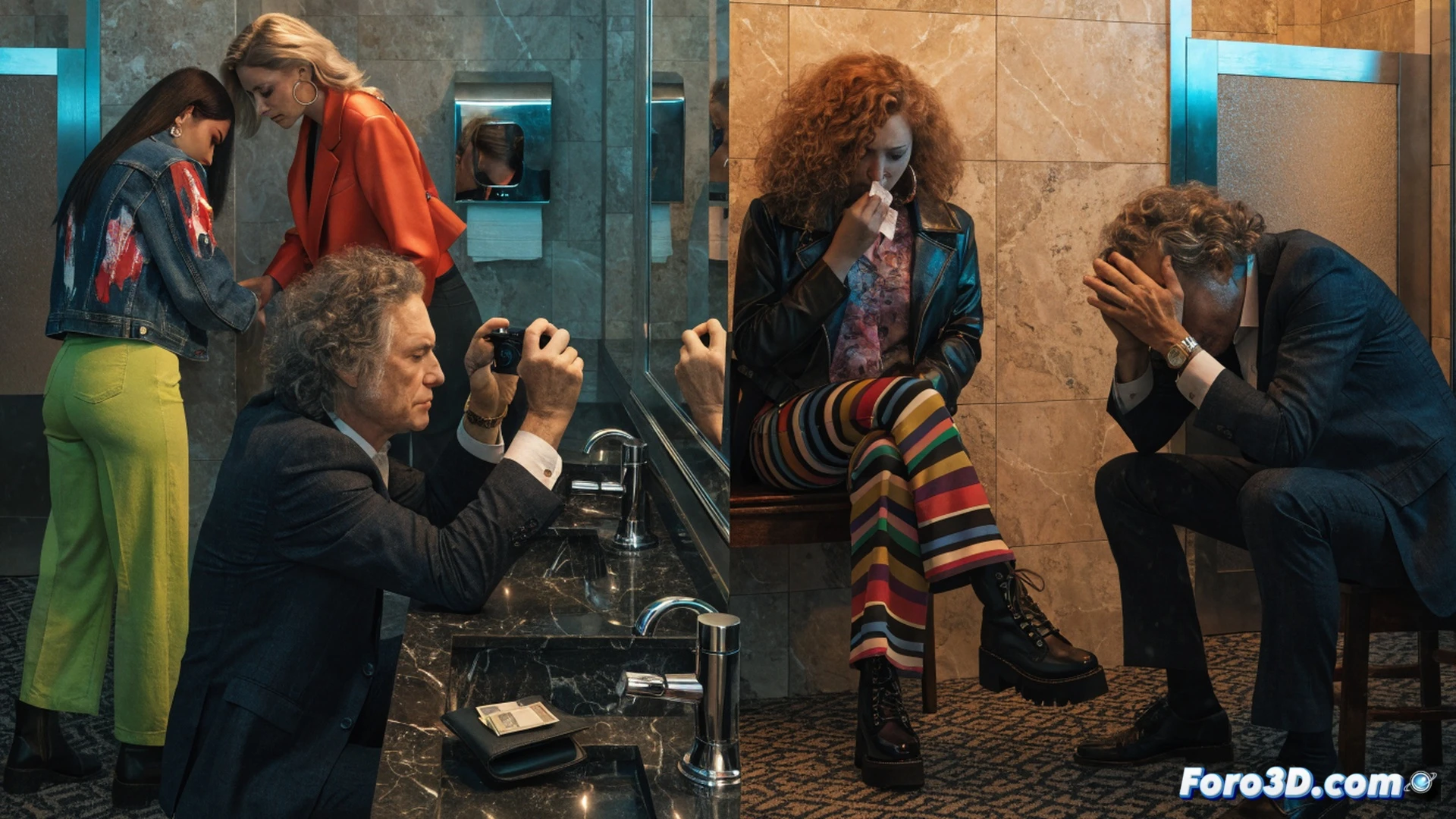 smartphone hidden inside bathroom vent, camera lens peeking through slats, party guests unaware outside door, hand of host adjusting phone angle, dark tiled bathroom with dim warm light, reflection in mirror showing phone placement, technical crime scene reconstruction style, cinematic photorealistic render, forensic lighting with shadows, metallic vent grille details, glass shower door reflecting party lights, ultra-sharp focus on phone and vent, dramatic tension in stillness, realistic textures of ceramic tile and chrome fixtures