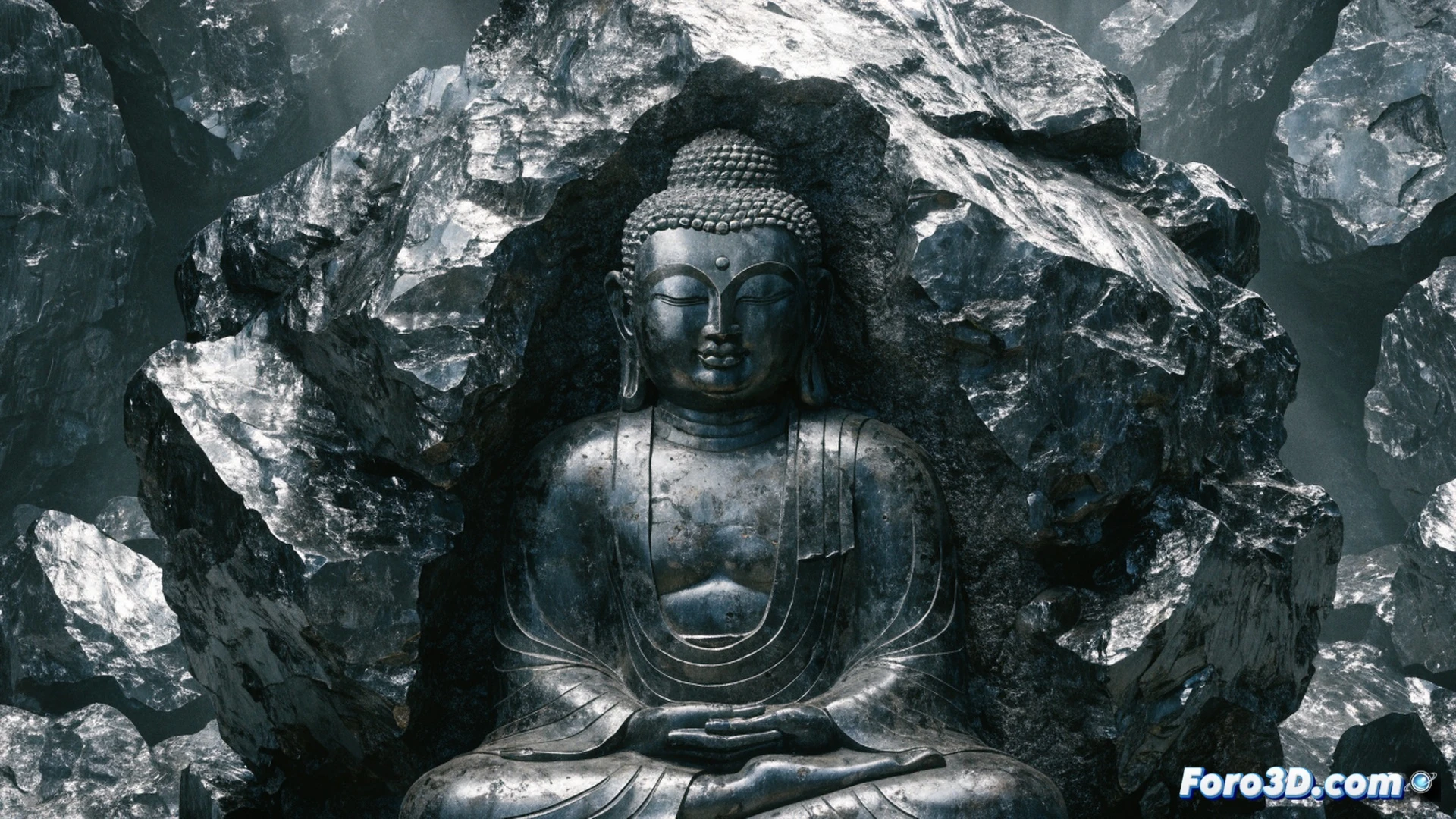 ancient Tibetan blacksmith forging a chisel against a meteorite fragment, sparks flying from the iron-nickel surface, a half-carved Buddha statue emerging from the dark metallic rock, rough hammer marks on the extraterrestrial material, traditional forge tools and bellows in background, cinematic technical illustration, dramatic firelight casting long shadows, photorealistic metal textures with Widmanstätten patterns visible on the meteorite, ultra-detailed chisel tip glowing from impact, historical workshop atmosphere, engineering visualization of material hardness being overcome through skilled force