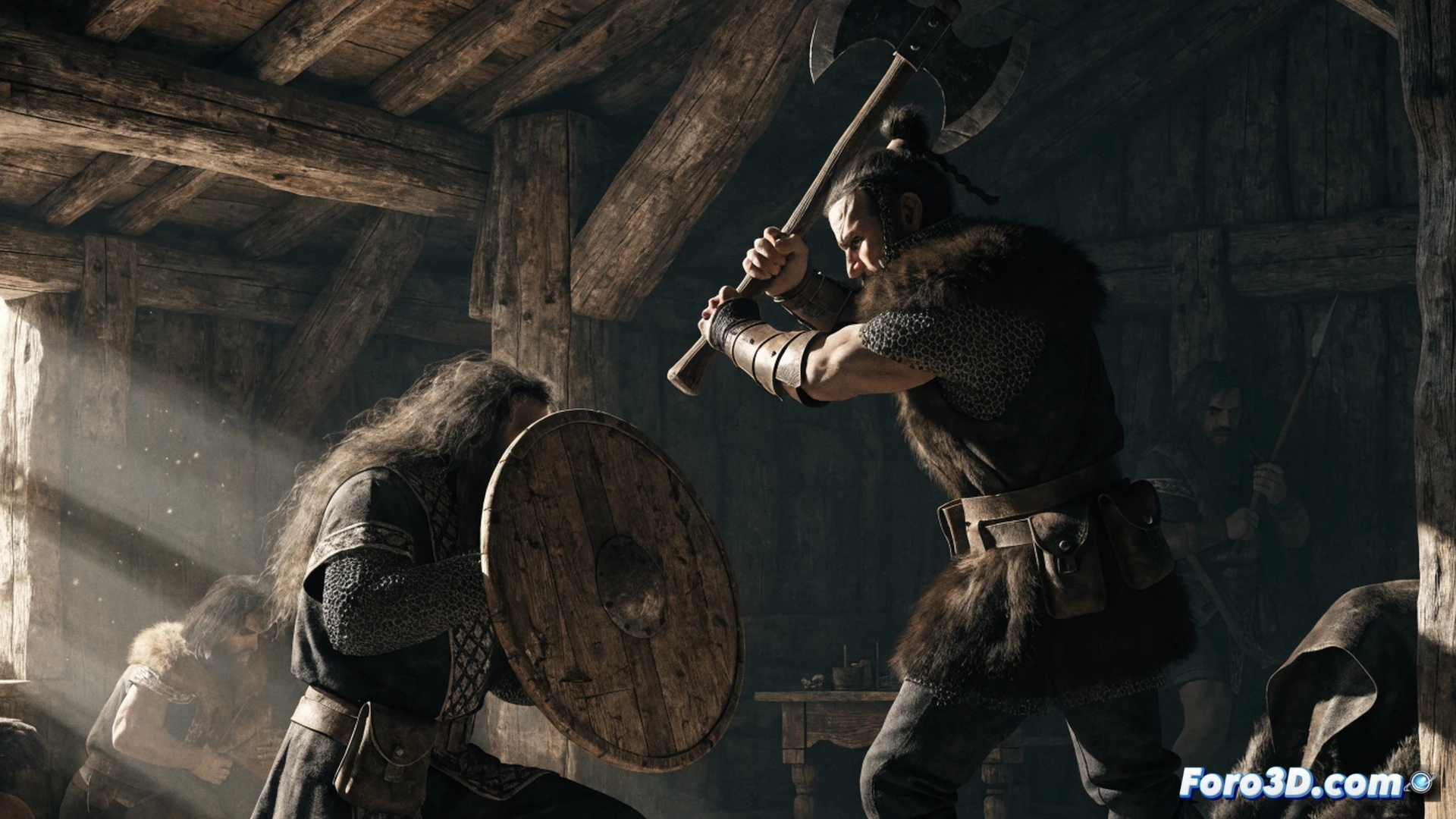 Viking warriors advancing in tight column formation across a misty fjord shore, wooden spears and round shields interlocked, a chieftain in chainmail raising a sword while rune-carved stones loom in background, cinematic historical visualization, authentic Norse longship beached nearby, warriors wearing wool tunics and leather armor, mud-splattered boots trampling ferns, dramatic overcast sky, volumetric fog drifting through pine trees, realistic fabric textures, weathered metal details, photorealistic epic battle scene, low-angle action shot emphasizing disciplined formation movement