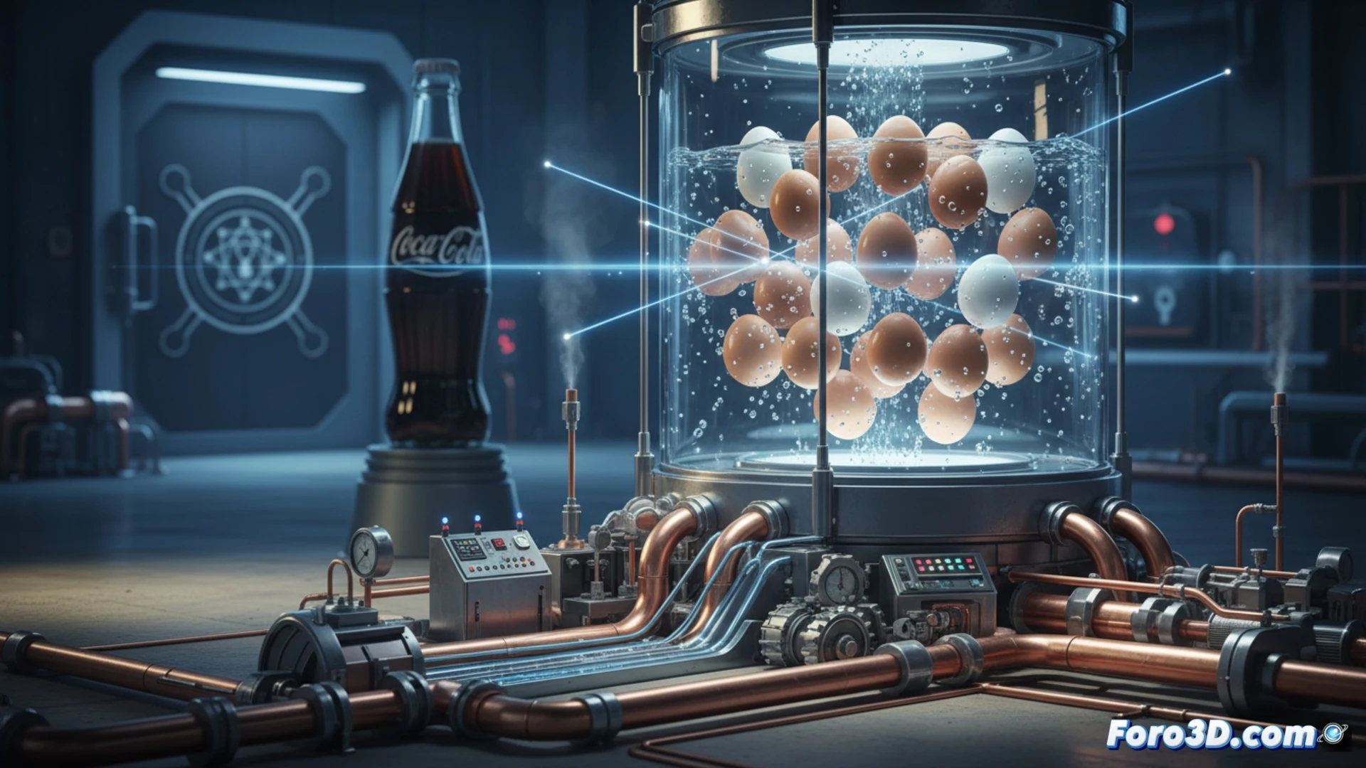 whole egg submerged in transparent pasteurization chamber, temperature sensors attached to shell surface, steam jets precisely timed around the egg, infrared heat waves shown as faint orange glow passing through shell, internal yolk and white visibly undisturbed, robotic arm holding egg with soft silicone grippers, conveyor belt with identical eggs moving in background, stainless steel machinery with control panels displaying temperature curves, sterile white laboratory environment, condensation droplets forming on eggshell during cooling phase, cinematic engineering visualization, hyperrealistic industrial food technology render, dramatic side lighting highlighting shell texture and steam movement