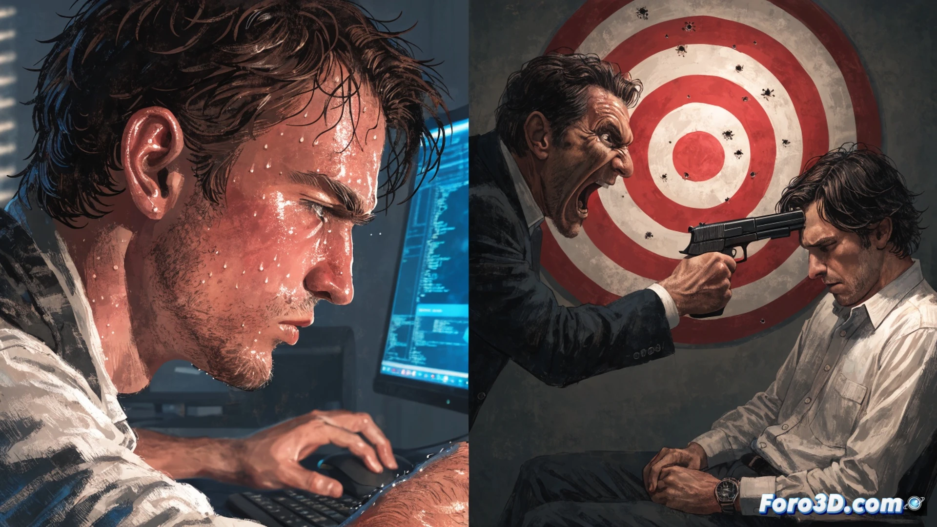 three exhausted game developers hunched over CRT monitors at 4am, sweat dripping onto keyboards, room temperature gauge showing 40 degrees Celsius, one programmer pointing at a crash debugger screen showing memory overflow errors, another developer holding a paper target with bullet holes taped to the wall, empty soda cans and pizza boxes scattered on desks, Sony legal documents pinned to a corkboard, oscilloscope displaying distorted waveforms, vintage 90s computer hardware with cooling fans running at maximum, cinematic photorealistic technical illustration, dramatic harsh overhead fluorescent lighting, deep shadows and sweat reflections on skin, ultra-detailed period-accurate office equipment, intense tension visible in body language, gritty documentary-style render