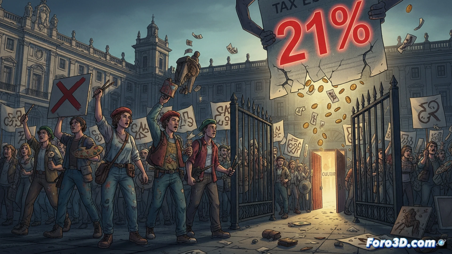 Madrid street protest scene, visual artists holding empty picture frames and paintbrushes, one artist smashing a tax form labeled IVA 21% with a hammer, another artist clutching a tablet showing a crowdfunding page, politicians in suits throwing colorful subsidy envelopes into the air like confetti, a broken easel on the ground, cinematic photorealistic style, dramatic low-angle sunlight casting long shadows, gritty urban pavement, worn jeans and paint-stained hands, intense facial expressions of frustration, realistic crowd dynamics, technical illustration with raw emotional tension
