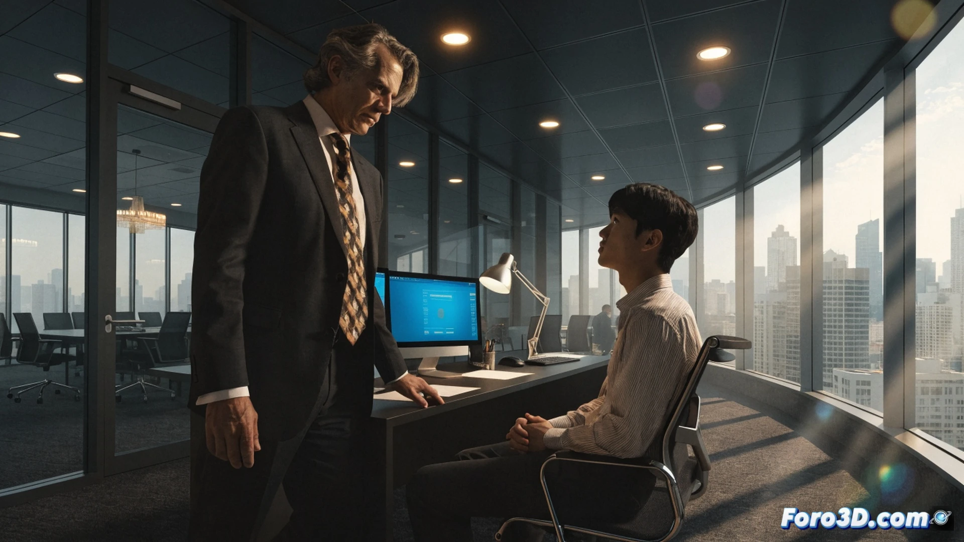 corporate office scene showing a manager shaking hands with an employee while another worker sits isolated at a desk with a remote laptop screen glowing faintly, a stack of performance reports on the manager’s desk being ignored, a wall chart displaying promotion paths with a highlighted direct line from the handshake to a top position, photorealistic cinematic lighting, warm spotlight on the manager and visible employee, cold shadows over the remote worker, technical illustration style, high detail on office hardware and body language contrast
