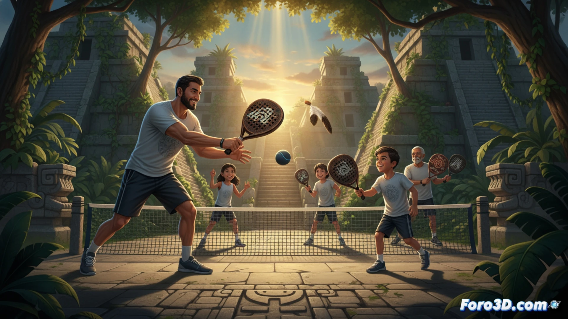 ancient Aztec stone ball court during a ritual game, two players in feathered headdresses striking a rubber ball with hips and forearms, ball mid-air with motion blur, stone walls with carved serpent reliefs, sunlight casting long shadows across the court, cinematic historical visualization, photorealistic textures on weathered stone and skin, dust particles glowing in sunbeams, dynamic action pose, dramatic low-angle shot, warm earthy tones, ultra-detailed pre-Columbian architecture, technical illustration style