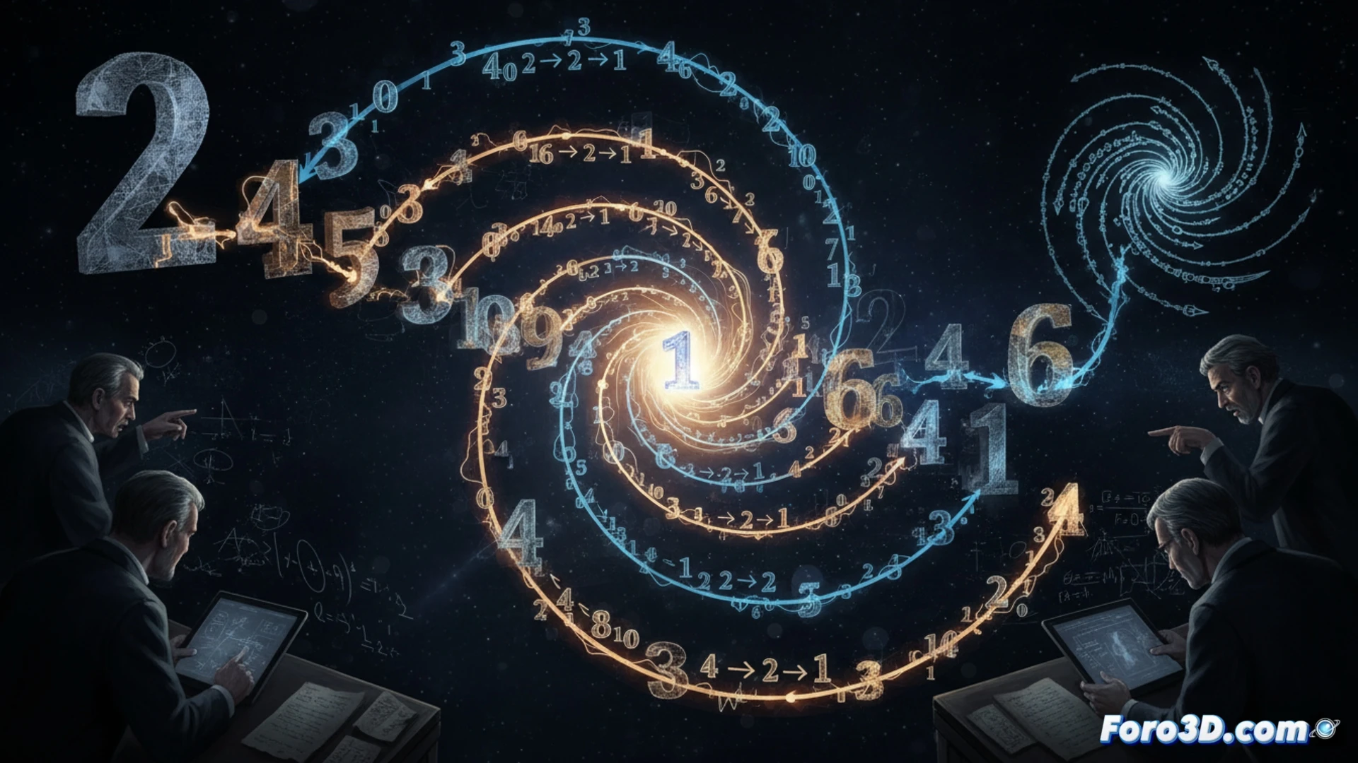 mathematical sequence visualization showing numbers transforming through Collatz process, branching pathways collapsing into a single point, glowing number particles being divided and multiplied, abstract geometric nodes connected by luminous lines, infinite descent pattern with fractal-like structure, complex computational graph rendered in dark blue and gold, cinematic technical illustration, mathematical simulation with particle trails showing convergence, ultra-detailed algorithmic visualization, dramatic lighting on digital abstract forms, photorealistic engineering aesthetic