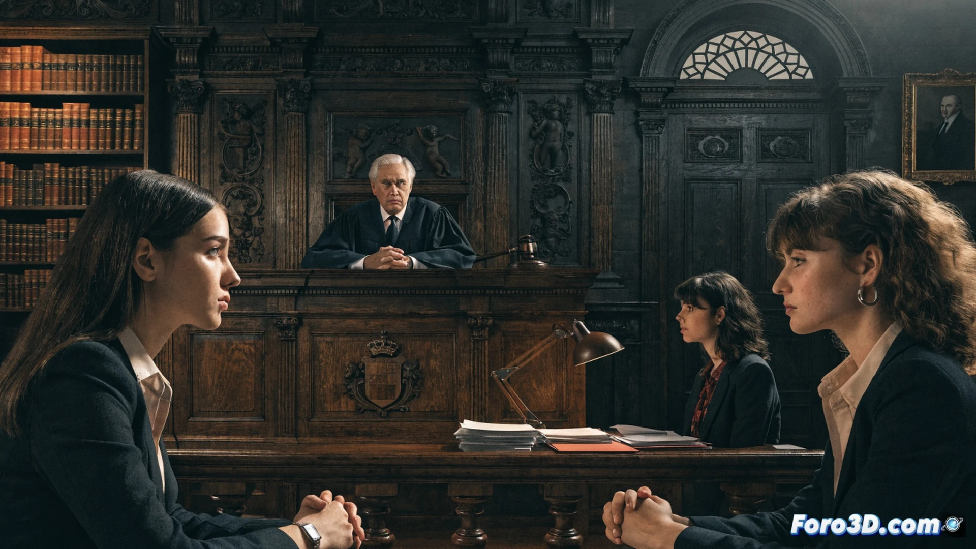 Investigadores judiciales examinando documentos financieros en una sala de juntas, tres mujeres jóvenes en traje formal sentadas frente a un juez de toga negra, una secretaria entregando carpetas etiquetadas con sellos oficiales, pantallas de ordenador mostrando balances contables de una aerolínea, pilas de expedientes con códigos QR y gráficos de flujo de capital, estilo fotorrealista cinematográfico, iluminación tenue de tribunal, cámaras de seguridad en esquinas superiores, profundidad de campo limitada, tonos azules y grises metálicos, textura de papel arrugado y madera de roble