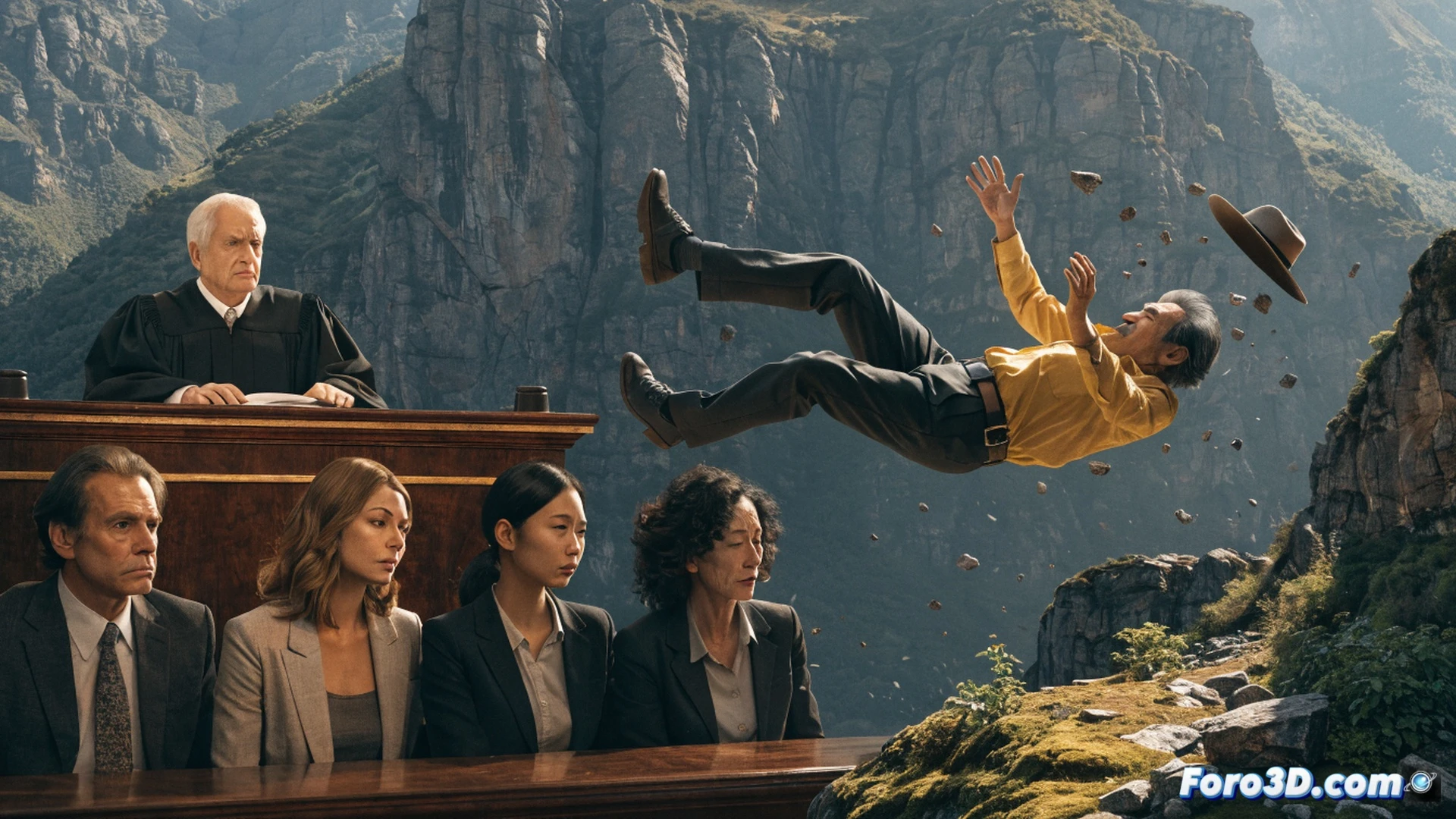 forensic reconstruction scene of a man falling from a rocky cliff path, investigators in protective suits using laser scanners and measuring tapes on uneven terrain, a drone hovering above capturing aerial footage, family members watching from a distance behind police tape, cinematic photorealistic visualization, dramatic overcast lighting, shadows stretching across jagged stones, technical equipment glowing with red LED indicators, yellow caution markers placed along the edge, high-angle shot emphasizing the drop, ultra-detailed rock textures and fabric folds, tense atmosphere, engineering accident analysis style