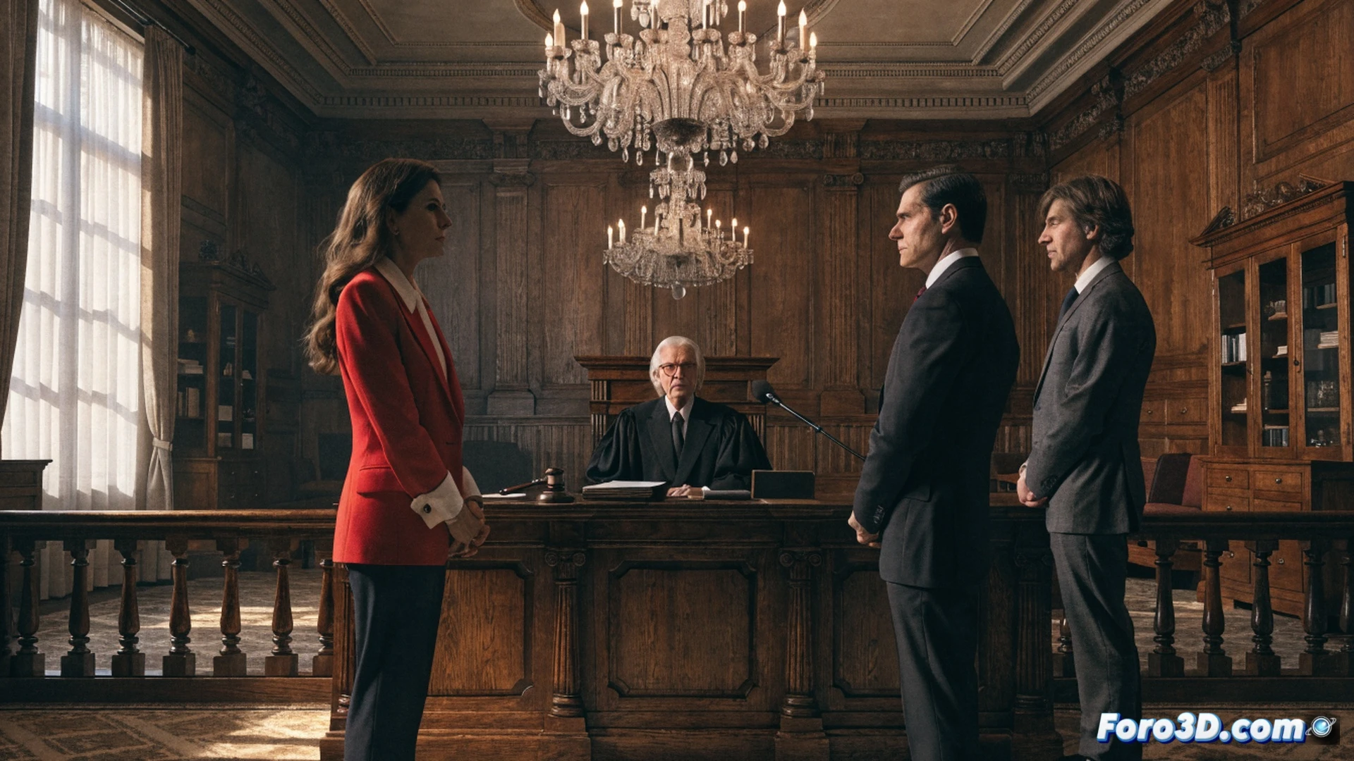 austere courtroom interior, judge Juan Carlos Peinado seated at elevated bench, Begoña Gómez standing before him during preliminary hearing, two other defendants visible in background, legal documents scattered across mahogany desk, gavel resting on sound block, procedural action of judicial investigation, malversation and influence peddling case, cinematic photorealistic style, dramatic chiaroscuro lighting from tall windows, tense atmosphere, polished wood surfaces, formal legal setting, ultra-detailed textures, professional court photography aesthetic