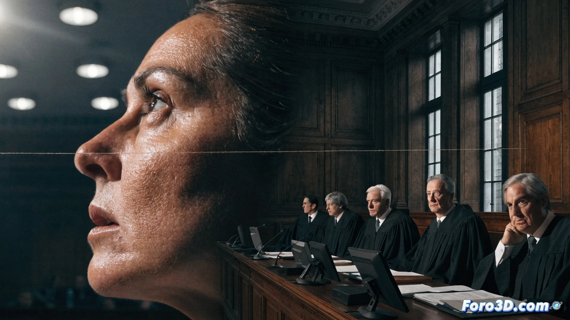 courtroom gavel mid-air striking a sound block, legal documents scattering across a polished wooden desk, five judges in black robes seated behind a raised bench, a woman standing alone near the defendant chair, her reflection blurred in a glass partition, a locked evidence cabinet with sealed folders in the background, dramatic chiaroscuro lighting from tall windows casting long shadows, photorealistic architectural visualization, precise geometric composition, cold institutional color palette of grey and mahogany, dust particles suspended in shafts of light, tension captured in frozen motion