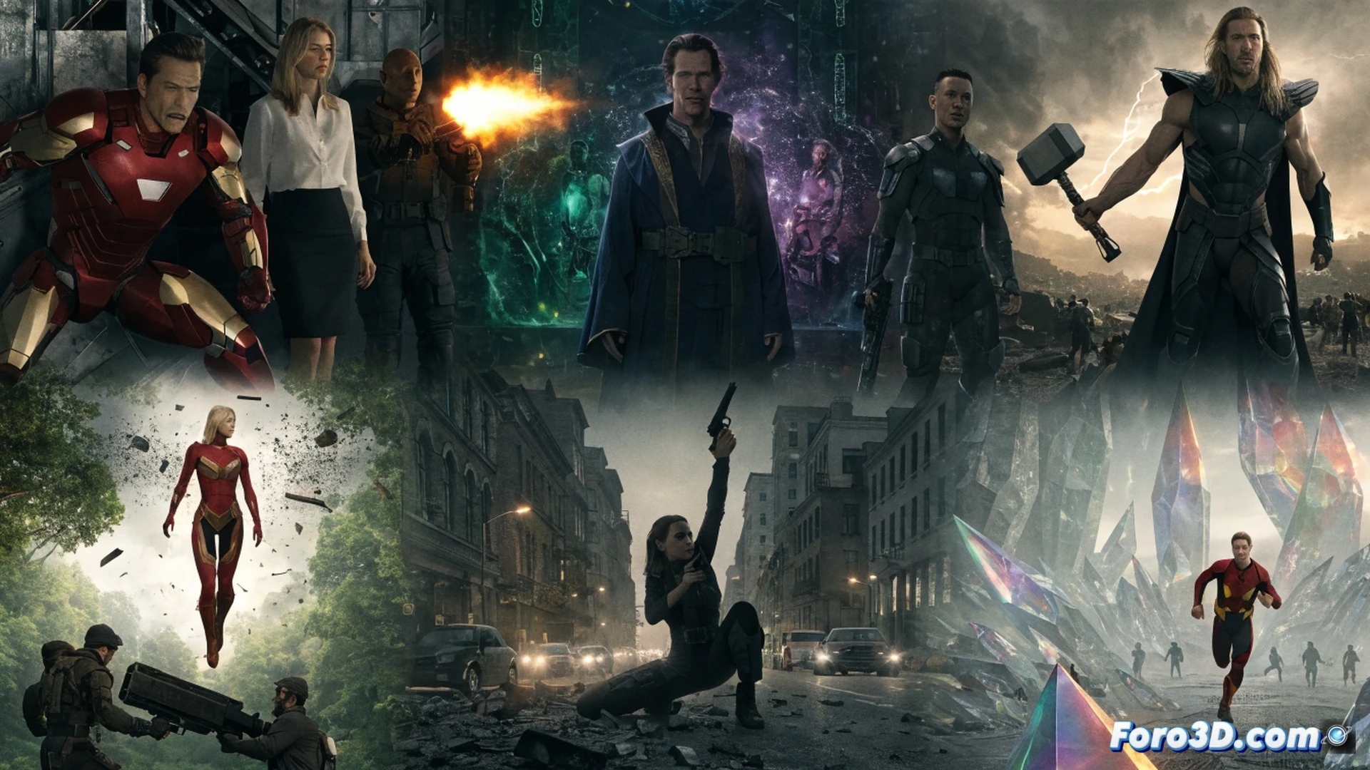 collapsed Avengers tower debris scattered across a dark cityscape, broken holographic screens showing fragmented Iron Man 2 and Doctor Strange scenes, movie tickets torn in half floating above a cracked IMAX screen, frustrated audience silhouettes in foreground, cinematic technical illustration, photorealistic render, dramatic low-angle lighting, metallic rubble reflecting neon glows, deep shadows emphasizing failure, ultra-detailed rubble textures, motion blur on falling ticket stubs, dark blue and red moody color palette, engineering visualization style with structural wreckage details, 300 dpi film grain effect