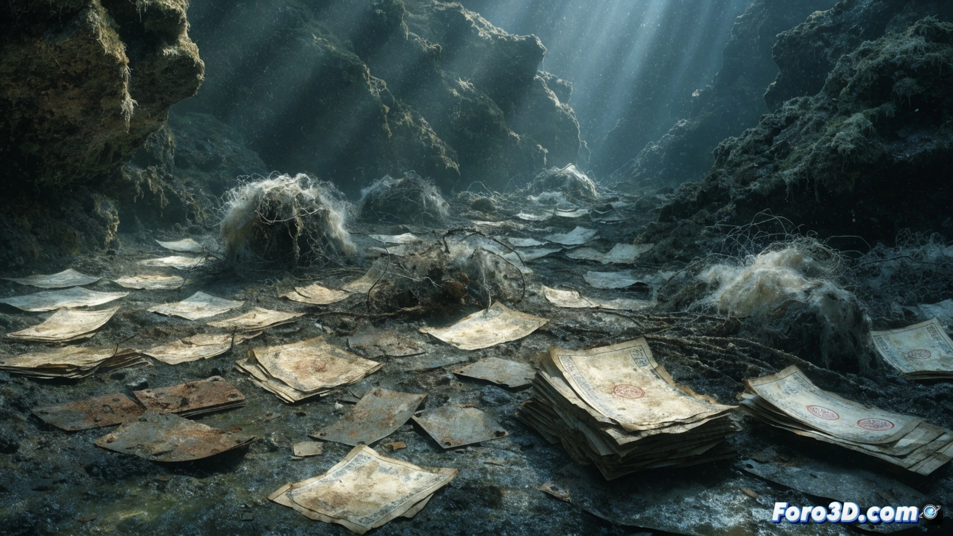 Submerged Austrian lake Toplitz at dawn, divers in vintage wetsuits descending through murky green water, hands reaching for corroded metal crates and decaying paper bundles resting on toxic sludge, bubbles rising from disturbed sediment, flashlight beams cutting through darkness, scattered fake banknotes floating near a rusted printing press fragment, cinematic photorealistic underwater documentary style, dramatic low-key lighting, particles of mud and debris suspended, historical mystery atmosphere, ultra-detailed textures on wood and metal