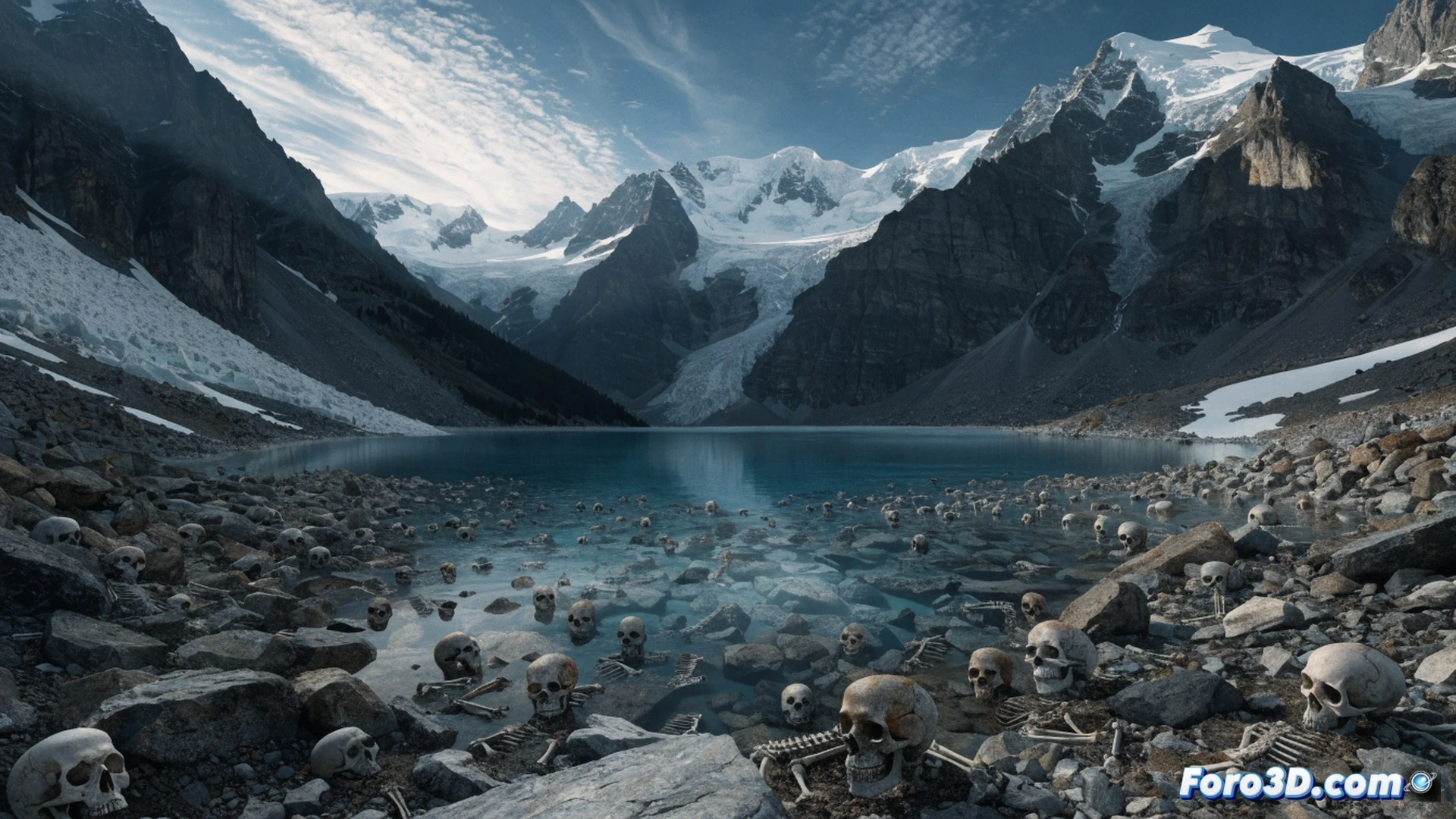 high altitude Himalayan lake at dawn, hundreds of ancient human skeletons scattered across rocky shore, forensic anthropologist in cold weather gear kneeling while examining a skull with a digital caliper, weather station equipment nearby recording hailstorm data, heavy hailstones frozen midair as they strike the ground and bones, cinematic photorealistic visualization, dramatic low-angle sunlight piercing thin clouds, snow-covered mountain peaks in background, ultra-detailed bone texture and fractured ice, mist rising from lake surface, technical forensic lighting with cold blue tones, atmospheric depth