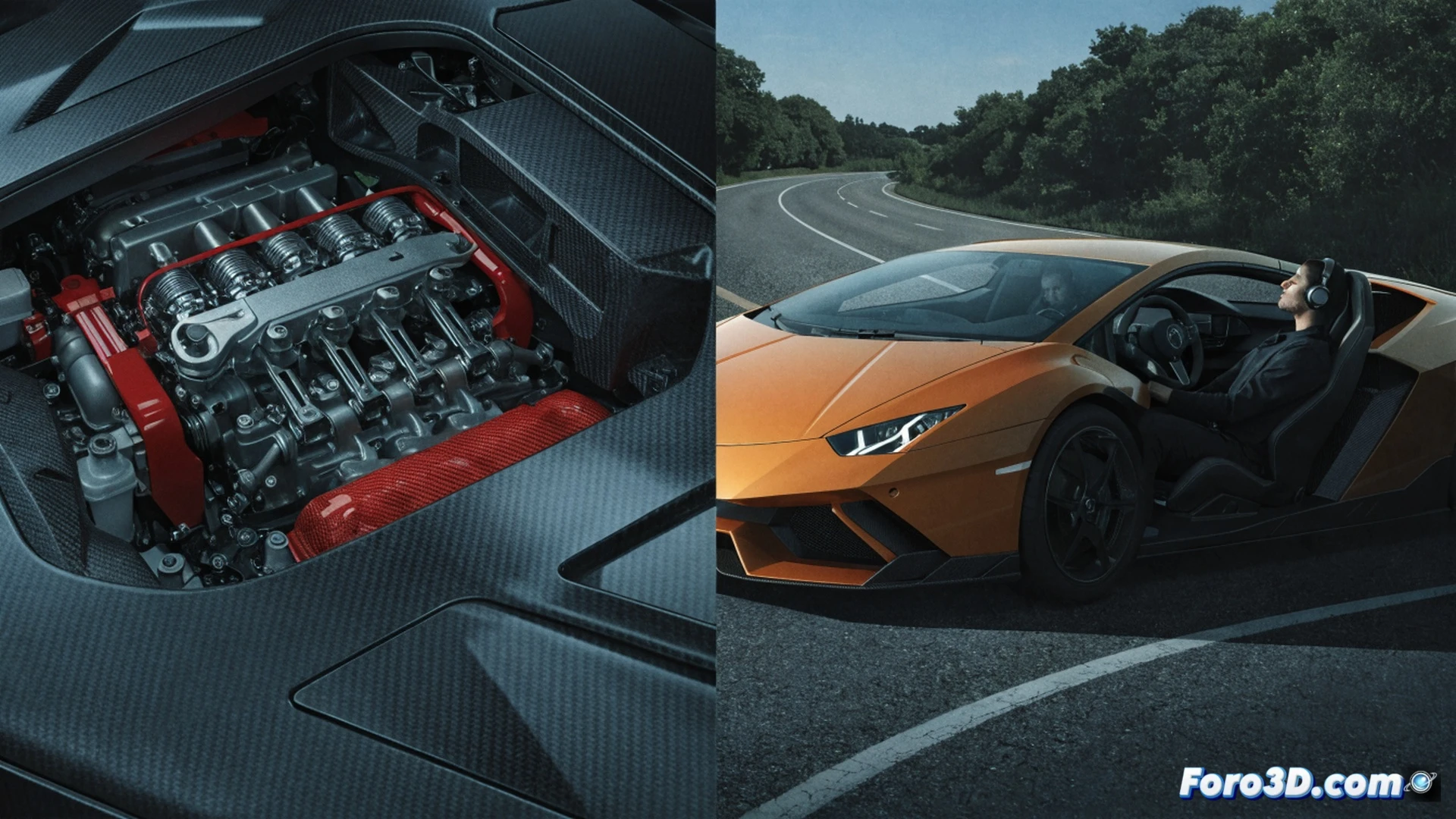 Lamborghini Temerario engine bay detail shot, V8 block with titanium exhaust components glowing under heat, metallic resonance waves visualized as faint distortion lines radiating from the manifold, angry owner pointing at the engine while holding a smartphone showing a decibel meter reading, mechanical engineer in background inspecting a tractor diesel engine for comparison, cinematic engineering visualization, dramatic workshop lighting with cool blue and warm orange tones, high-contrast metallic reflections, photorealistic technical render, ultra-detailed carbon fiber and titanium textures, motion blur on spinning crankshaft