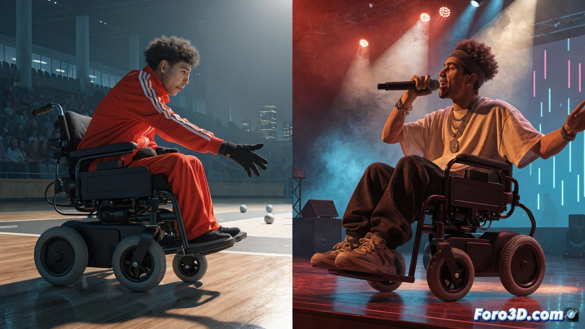 Photorealistic cinematic scene of a boccia court with a red leather ball rolling precisely across a smooth green surface, a paralympic athlete in a wheelchair mid-throw, intense focus on his face, metallic ramp with adjustable angle resting on the chair, black boccia balls clustered near a white target jack, dramatic spotlight illuminating the action, deep shadows, mechanical wheelchair wheels with reflective spokes, technical close-up of hand releasing the ball, motion blur on the rolling ball, high contrast lighting, ultra-detailed sports equipment textures, realistic paralympic competition atmosphere