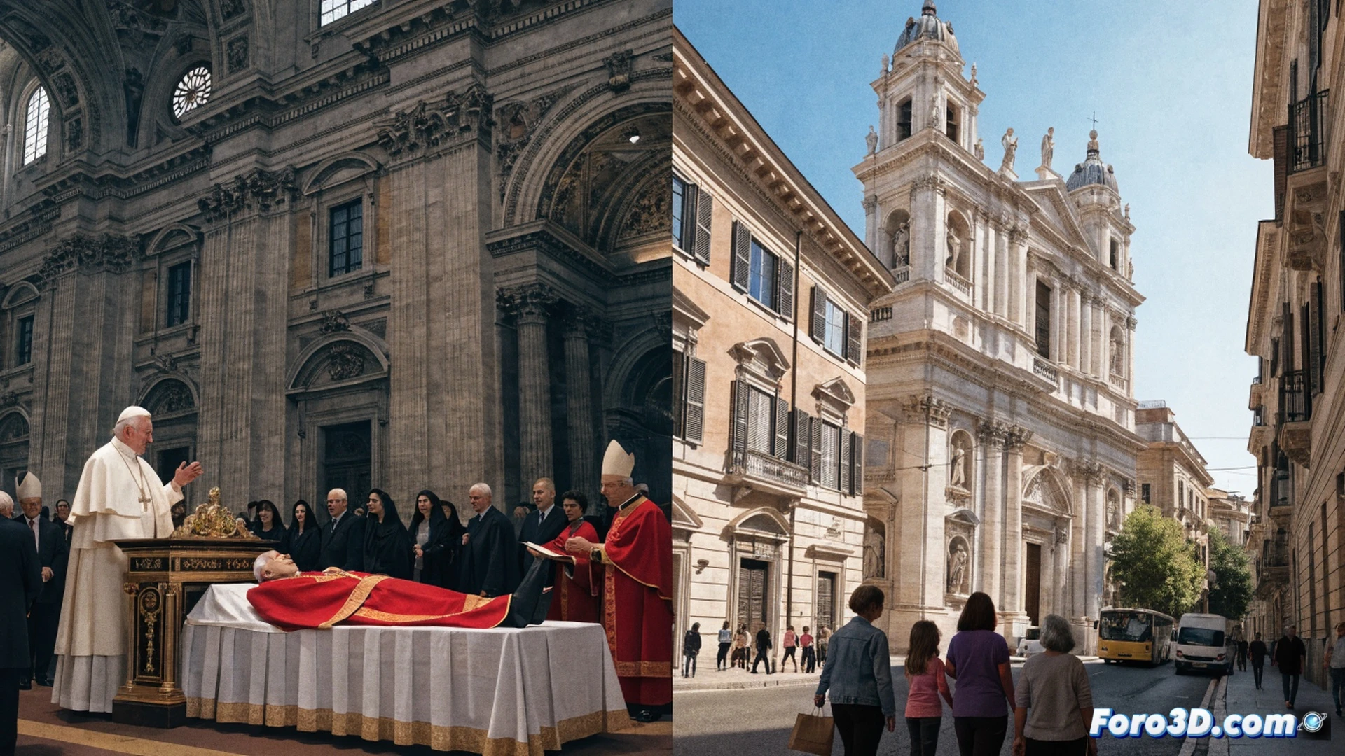 Cardenal anciano con sotana roja y birreta yaciendo en ataúd de madera oscura dentro de la Basílica de San Pedro, altar mayor iluminado por vitrales dorados, Papa León XIV de pie junto al féretro con mitra blanca y casulla, incensario de plata siendo balanceado por un monaguillo, humo de incienso elevándose en rayos de luz, bancos de madera vacíos en primer plano, sombras alargadas sobre el mármol, estilo cinematográfico fotorrealista, iluminación dramática tipo claroscuro, texturas de piedra y terciopelo visibles, atmósfera solemne y reflexiva