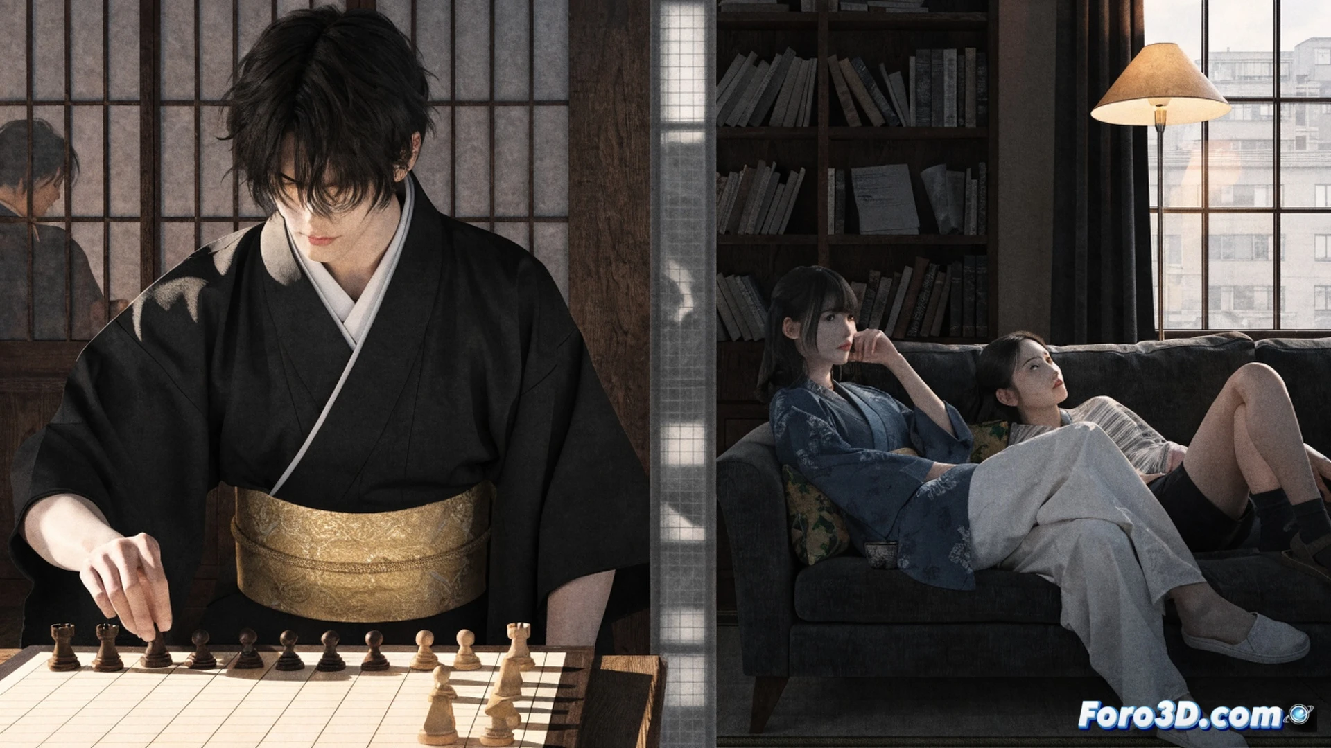 young man in casual clothes sitting at low kotatsu table, shogi board with pieces mid-game, steam rising from a cup of tea, three women nearby in a cozy sunlit room, one woman placing a rice ball on a small plate while another pours water, tatami mats, sliding wooden doors, soft warm light from paper lanterns, cinematic slice-of-life style, shallow depth of field, gentle dust motes floating in afternoon sunbeams, photorealistic anime-inspired illustration, emotional warmth contrasted with quiet solitude, detailed textures of wood grain, fabric folds, and ceramic surfaces