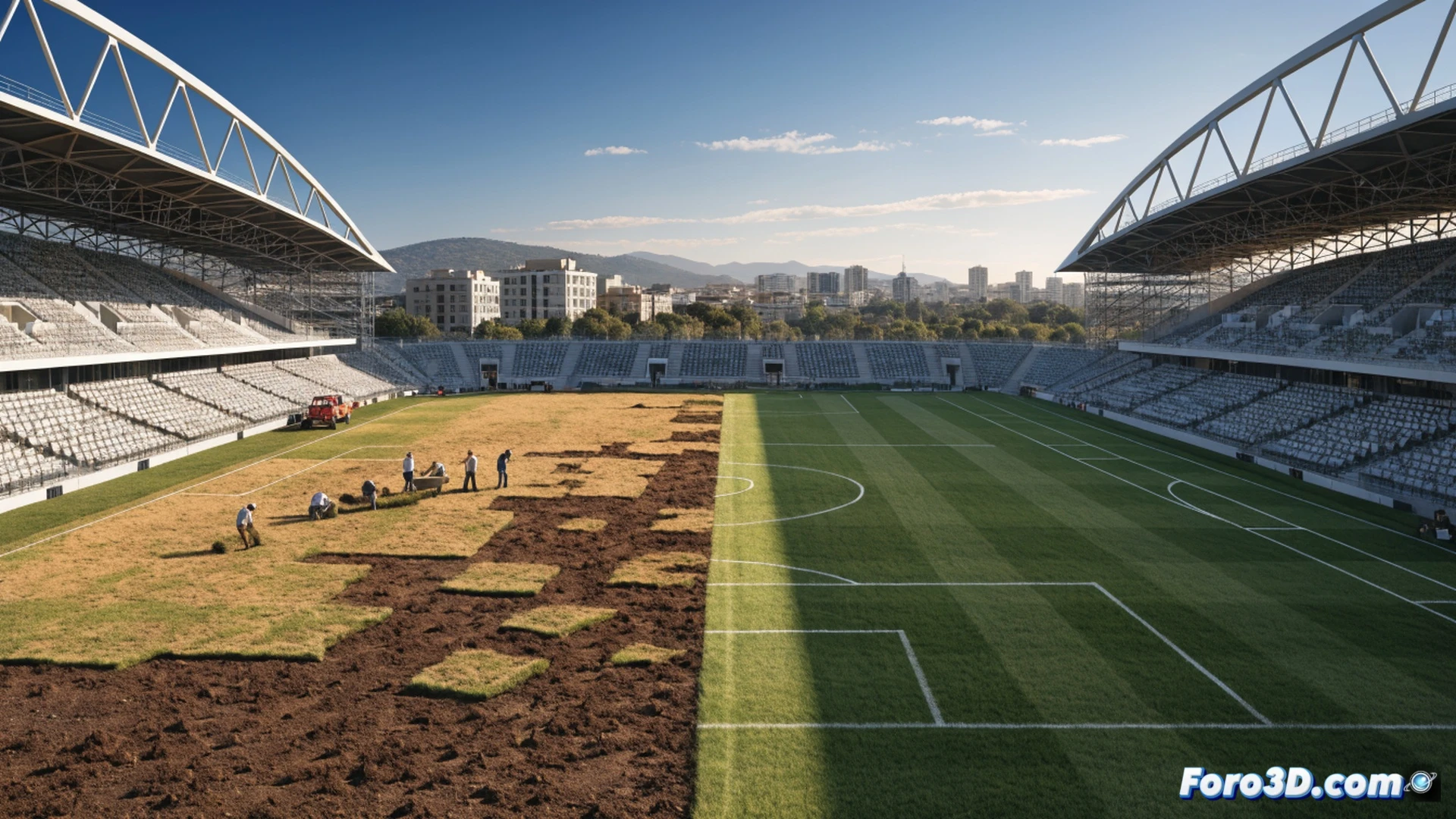 Estadio de fútbol con césped marrón y seco en parches irregulares, trabajadores de jardinería retirando placas de césped muerto con cortadoras mecánicas, rodillos compactadores alineando tierra desnuda, sistemas de riego por aspersión activos durante la replantación, fondo de graderío vacío con sombras de atardecer, estilo fotorealista arquitectónico, textura de suelo agrietado, herramientas esparcidas como palas y rastrillos, iluminación técnica industrial, documentación visual de proceso de restauración de campo deportivo