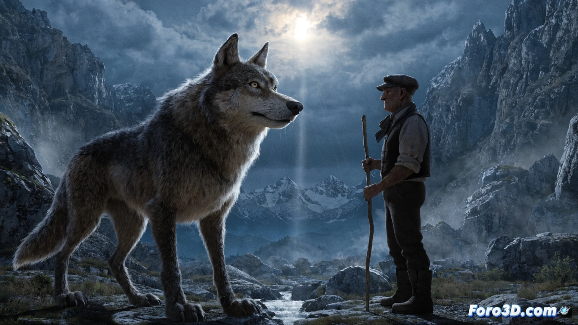 animated wolf with piercing amber eyes standing on a rocky Alpine ridge under moonlight, shepherd below gripping a wooden staff while snow begins to fall, both figures in tense standoff, cinematic fantasy illustration, dramatic chiaroscuro lighting, ultra-detailed fur texture, distant snow-capped peaks, atmospheric fog, photorealistic style, no text, no letters, no numbers, action of confrontation, showing predator and human in silent dialogue