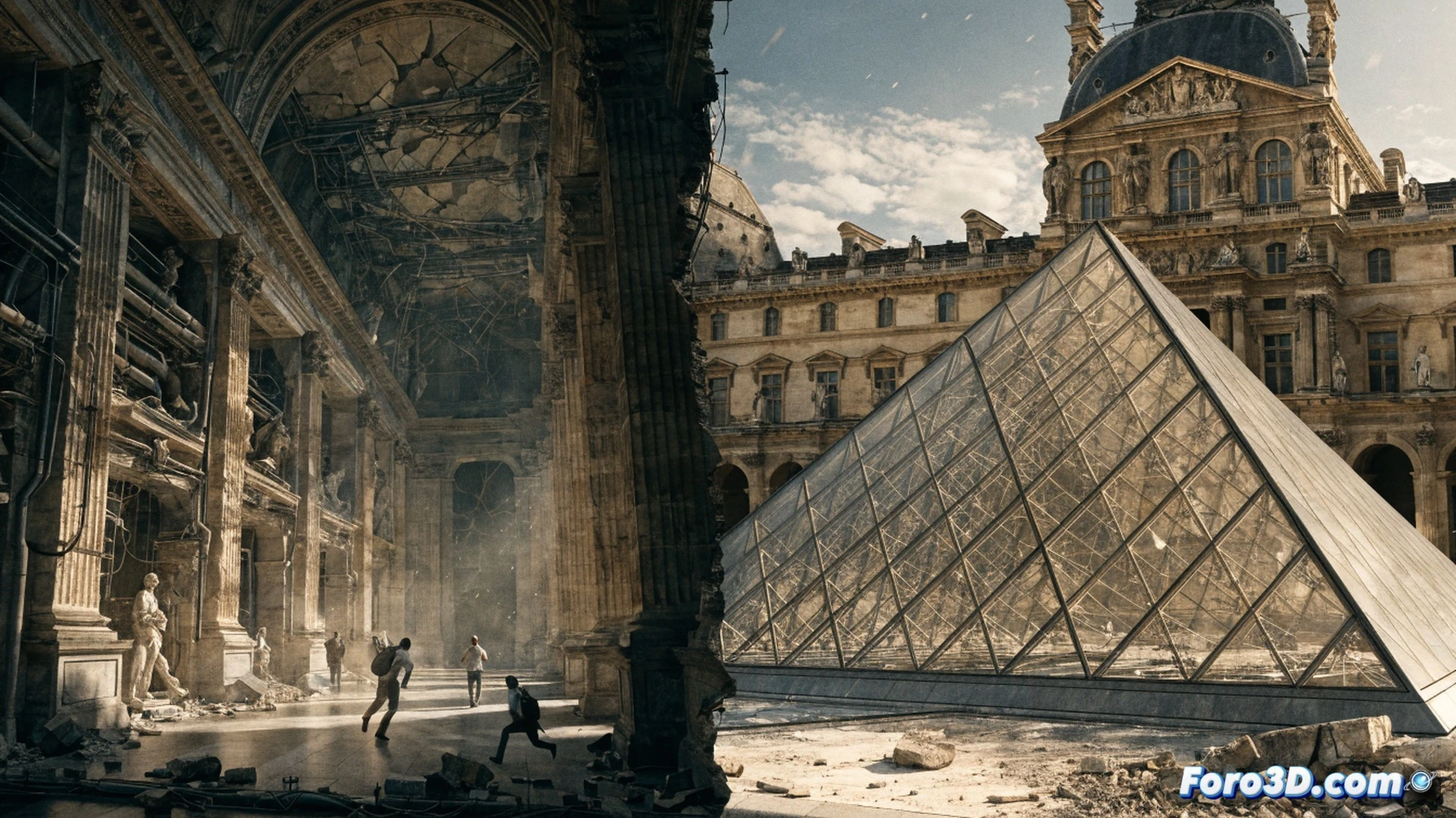 cinematic wide shot of a grand museum gallery with cracked marble walls and peeling paint, a maintenance worker using a digital tablet to inspect a fractured structural beam while a holographic building stress analysis hovers nearby, long queues of tourists visible through a window showing overcrowded entrance hall, worn-out wooden floorboards with visible gaps, dim emergency lights flickering over damaged ceiling panels, photorealistic technical illustration, dramatic chiaroscuro lighting highlighting decay, dust particles floating in air, ultra-detailed textures of aging stone and metal fixtures