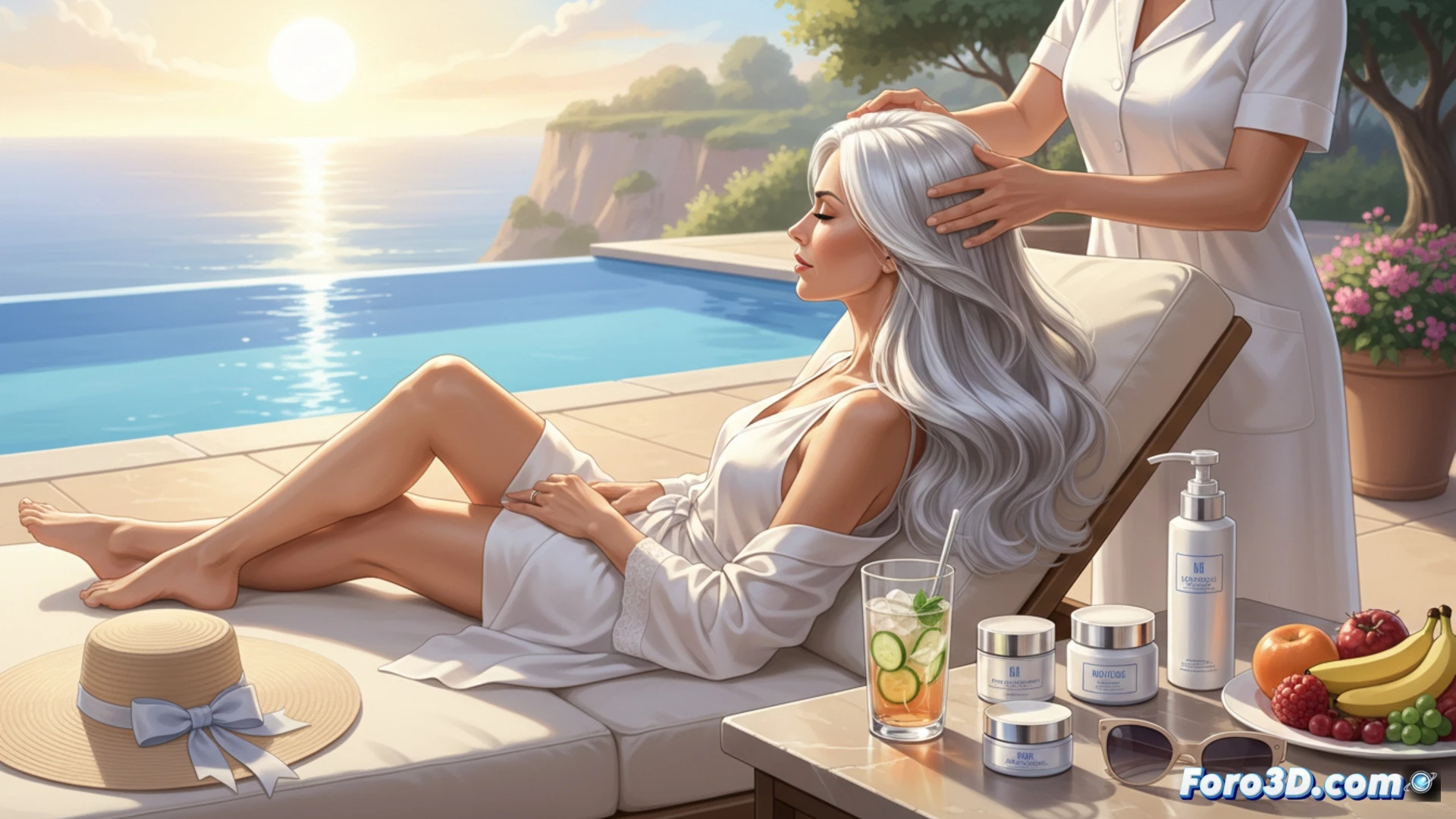 Silver-white hair strands being damaged by intense summer sun, split ends and yellow discoloration visible under harsh UV light, expensive salon products arrayed on a marble counter, a woman's hand applying a thick nourishing mask while a digital clock shows limited time, heat tools unplugged in the background, photorealistic editorial style, dramatic side lighting contrasting luxury and neglect, ultra-detailed hair texture with broken cuticles, soft golden hour glow through a window, cinematic composition, hyperrealistic product packaging with foil reflections
