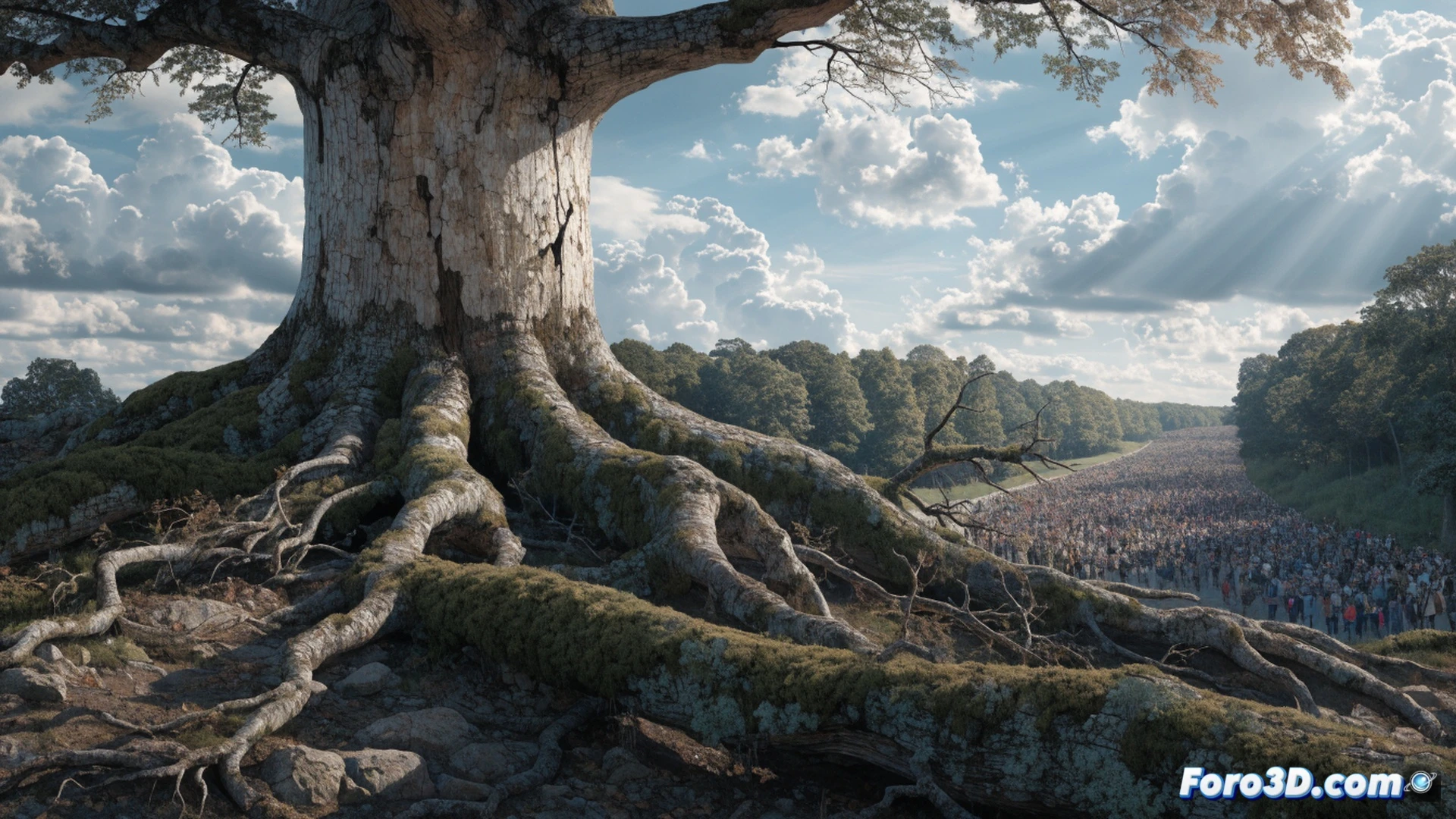 ancient oak tree with massive gnarled trunk collapsing to the ground, roots exposed and torn from dry cracked earth, digital temperature gauge showing red warning indicator embedded in bark, scientific monitoring equipment attached to dying branches, tourists walking away in the background while a researcher kneels inspecting a broken branch, cinematic photorealistic environmental documentation style, dramatic overcast sky with golden sunset light piercing through dead canopy, dust particles rising from impact, ultra-detailed bark texture with visible drought cracks, melancholic atmospheric lighting, technical field survey visualization