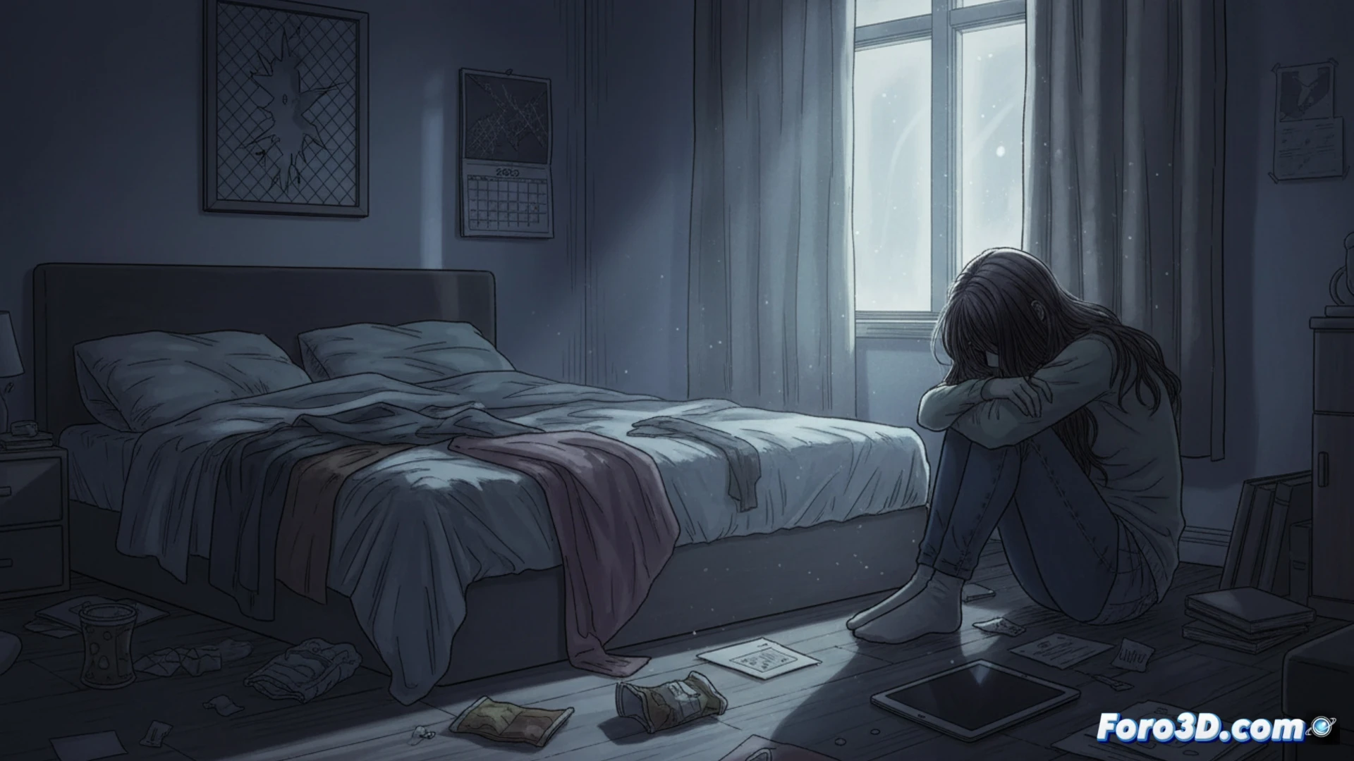 adolescente sentado solo en el borde de una cama desordenada, mirando fijamente la pantalla de un móvil apagado, luz tenue de una lámpara de escritorio, mochila escolar en el suelo, auriculares colgando del cuello, expresión vacía y tensa, habitación en penumbra, ventana cerrada con persiana bajada, estilo cinematic photorealistic, iluminación dramática de claroscuro, texturas de ropa arrugada y pared desconchada, atmósfera de silencio opresivo, paleta de colores fríos y desaturados, enfoque nítido en el rostro y las manos inertes